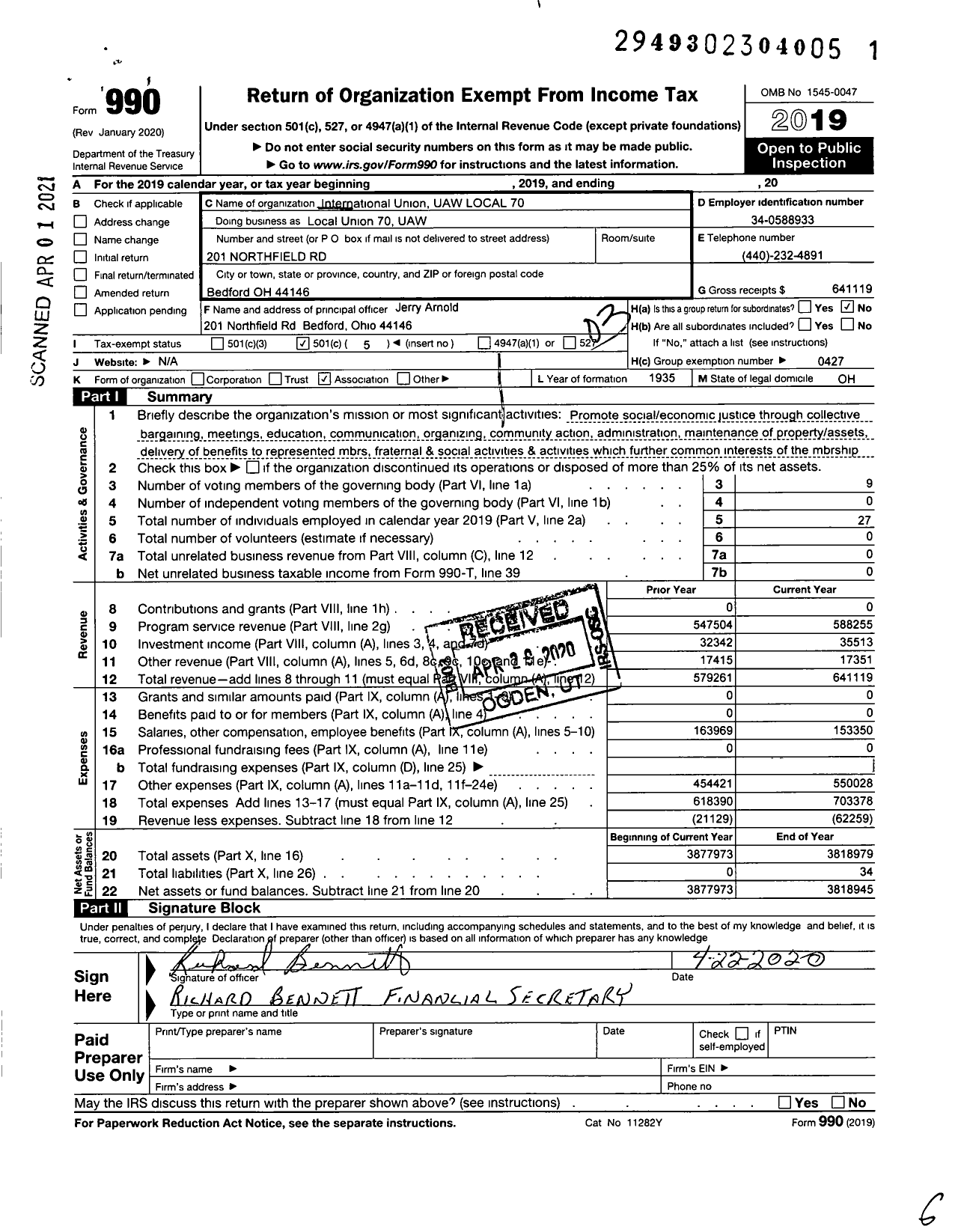 Image of first page of 2019 Form 990 for UAW - Local Union 70 UAW