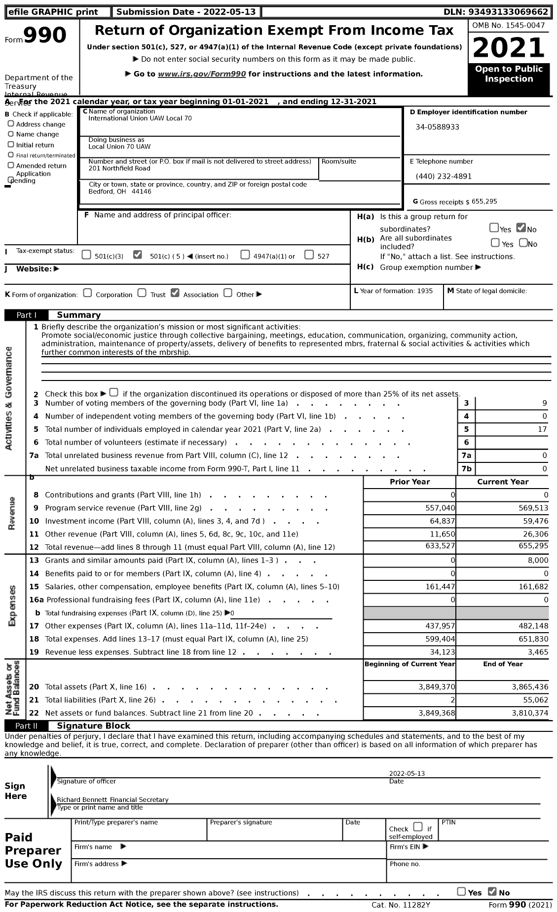 Image of first page of 2021 Form 990 for UAW - Local Union 70 UAW