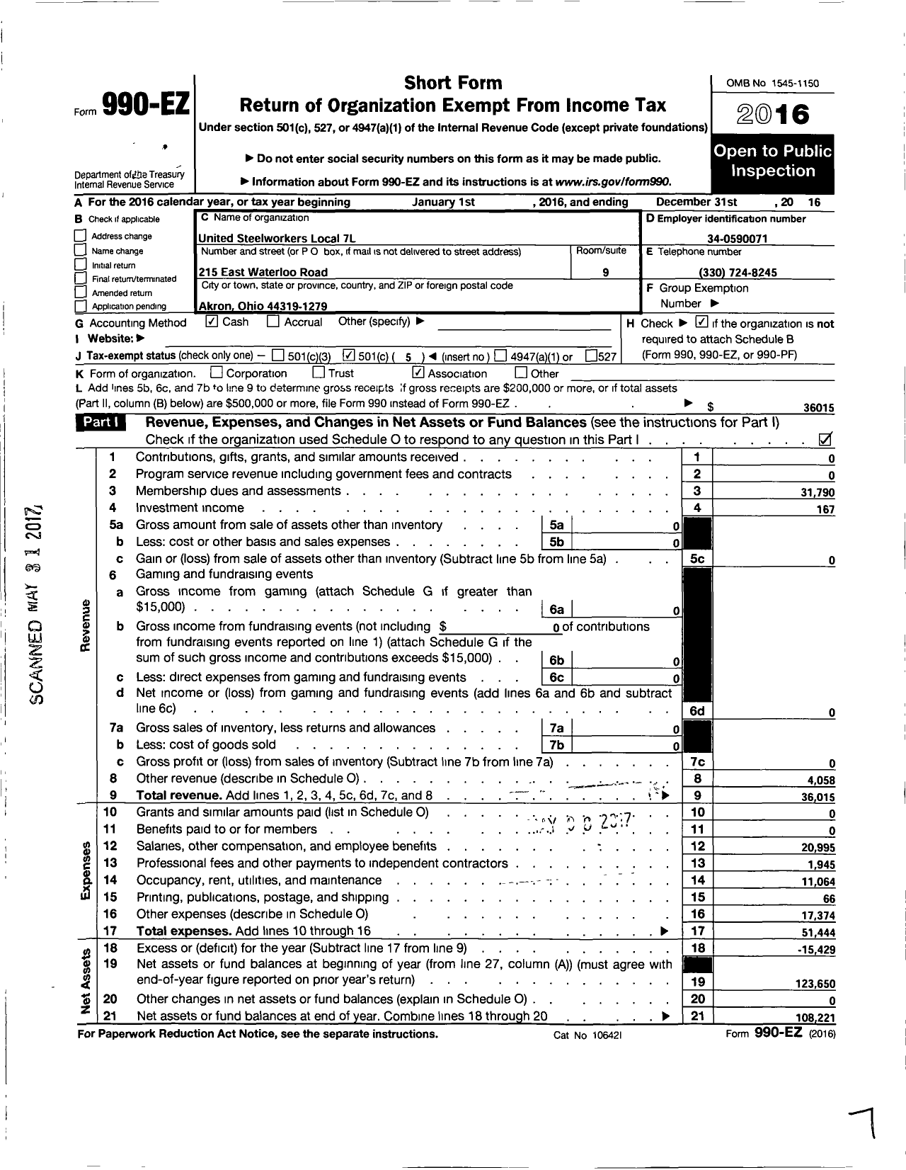 Image of first page of 2016 Form 990EO for UNITED STEELWORKERS Local 7-L
