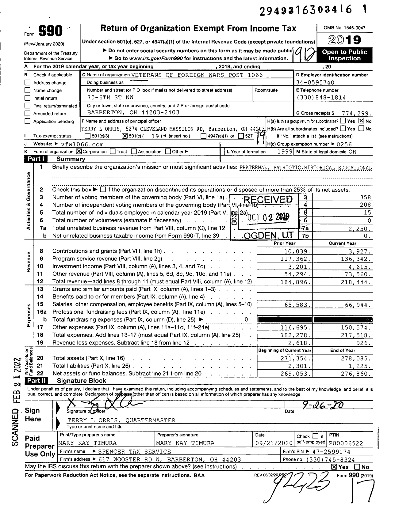 Image of first page of 2019 Form 990O for Ohio VFW - Post 1066