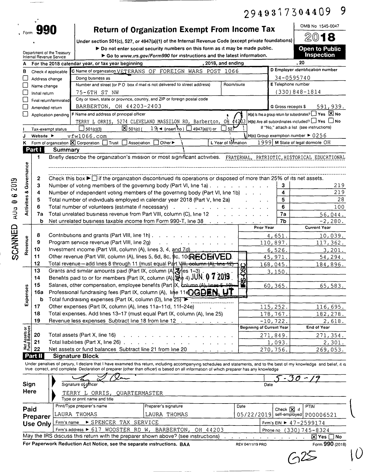 Image of first page of 2018 Form 990O for Ohio VFW - Post 1066