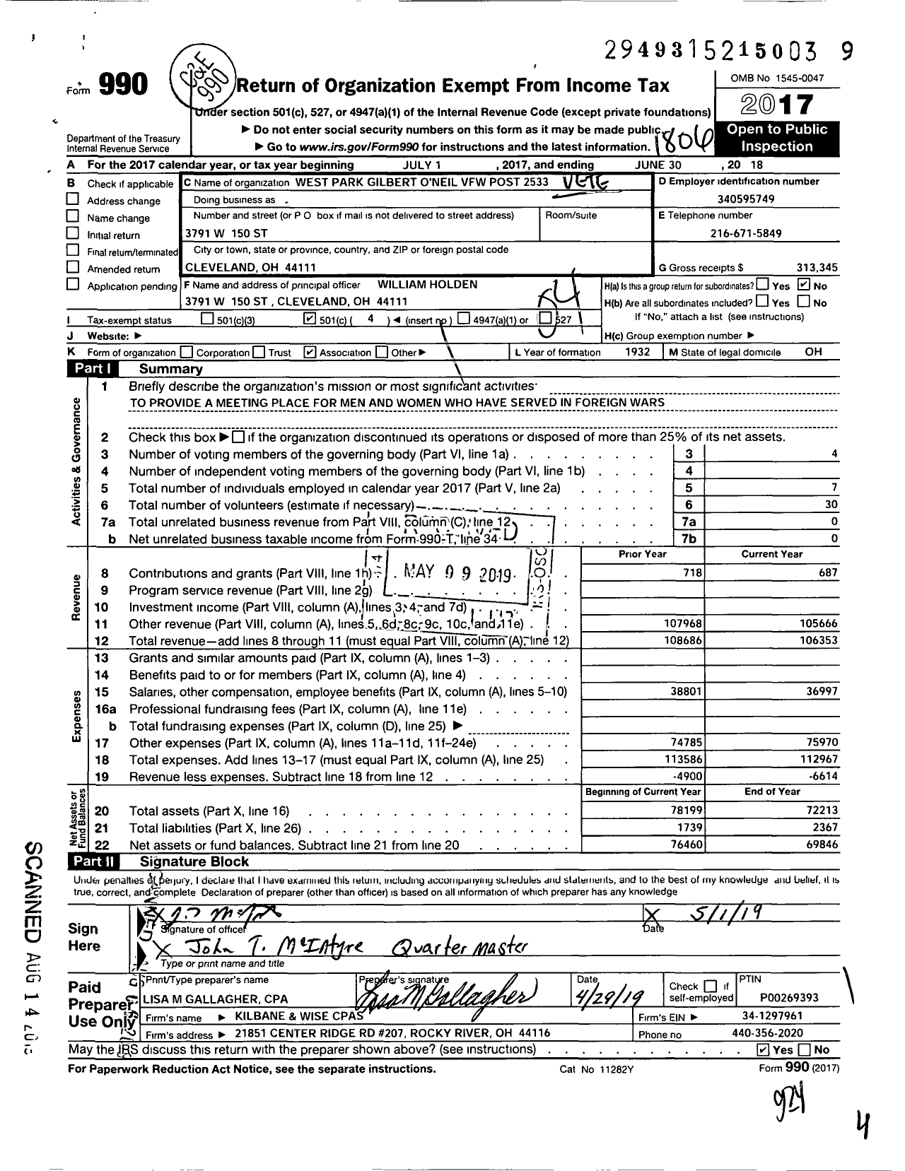Image of first page of 2017 Form 990O for Ohio VFW - West Park Gilbert Oneil VFW Post 2533