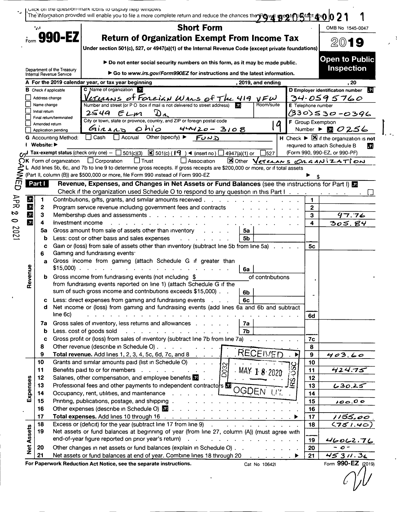 Image of first page of 2019 Form 990EO for Ohio VFW - Veterans of Foreign Wars of the 419 VFW