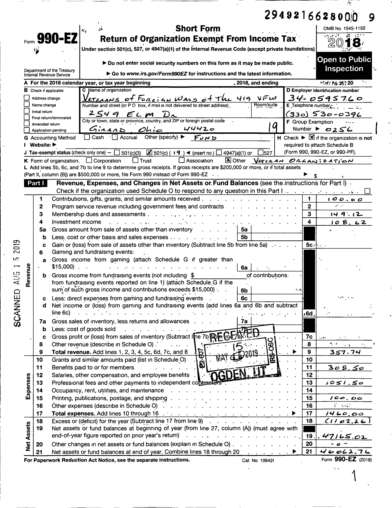 Image of first page of 2018 Form 990EO for Ohio VFW - Veterans of Foreign Wars of the 419 VFW