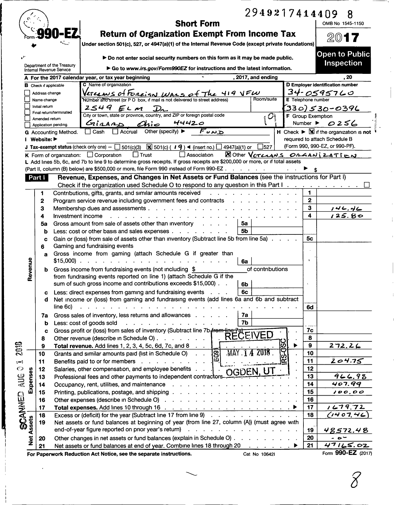 Image of first page of 2017 Form 990EO for Ohio VFW - Veterans of Foreign Wars of the 419 VFW