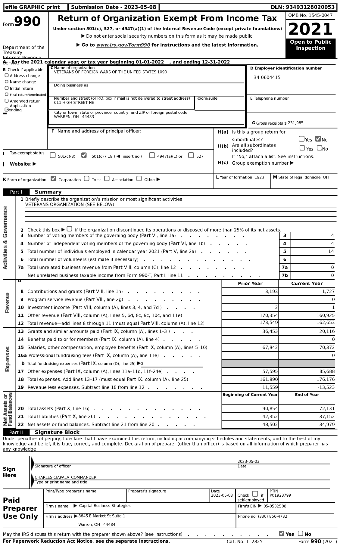 Image of first page of 2022 Form 990 for Ohio VFW - Veterans of Foreign Wars of the United States 1090