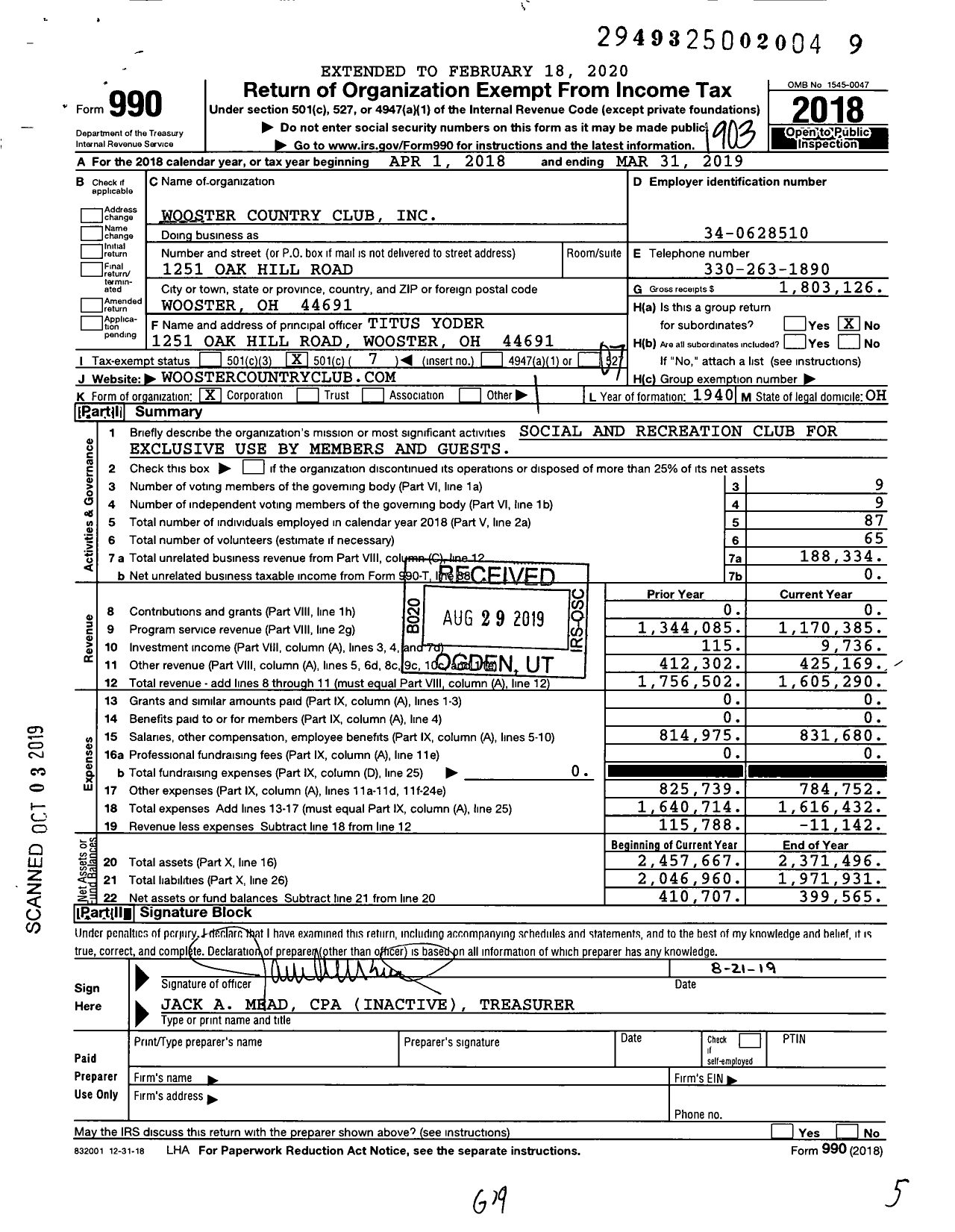 Image of first page of 2018 Form 990O for Wooster Country Club