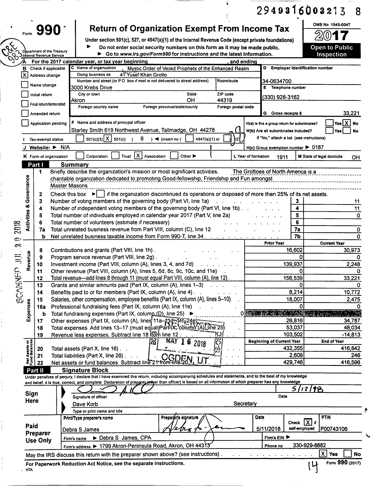 Image of first page of 2017 Form 990O for Mystic Order of Veiled Prophets of the Enchanted Realm - 41 Yusef Khan Grotto