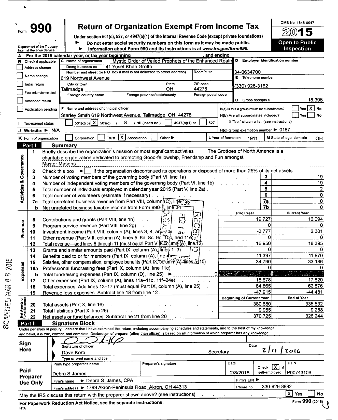 Image of first page of 2015 Form 990O for Mystic Order of Veiled Prophets of the Enchanted Realm - 41 Yusef Khan Grotto