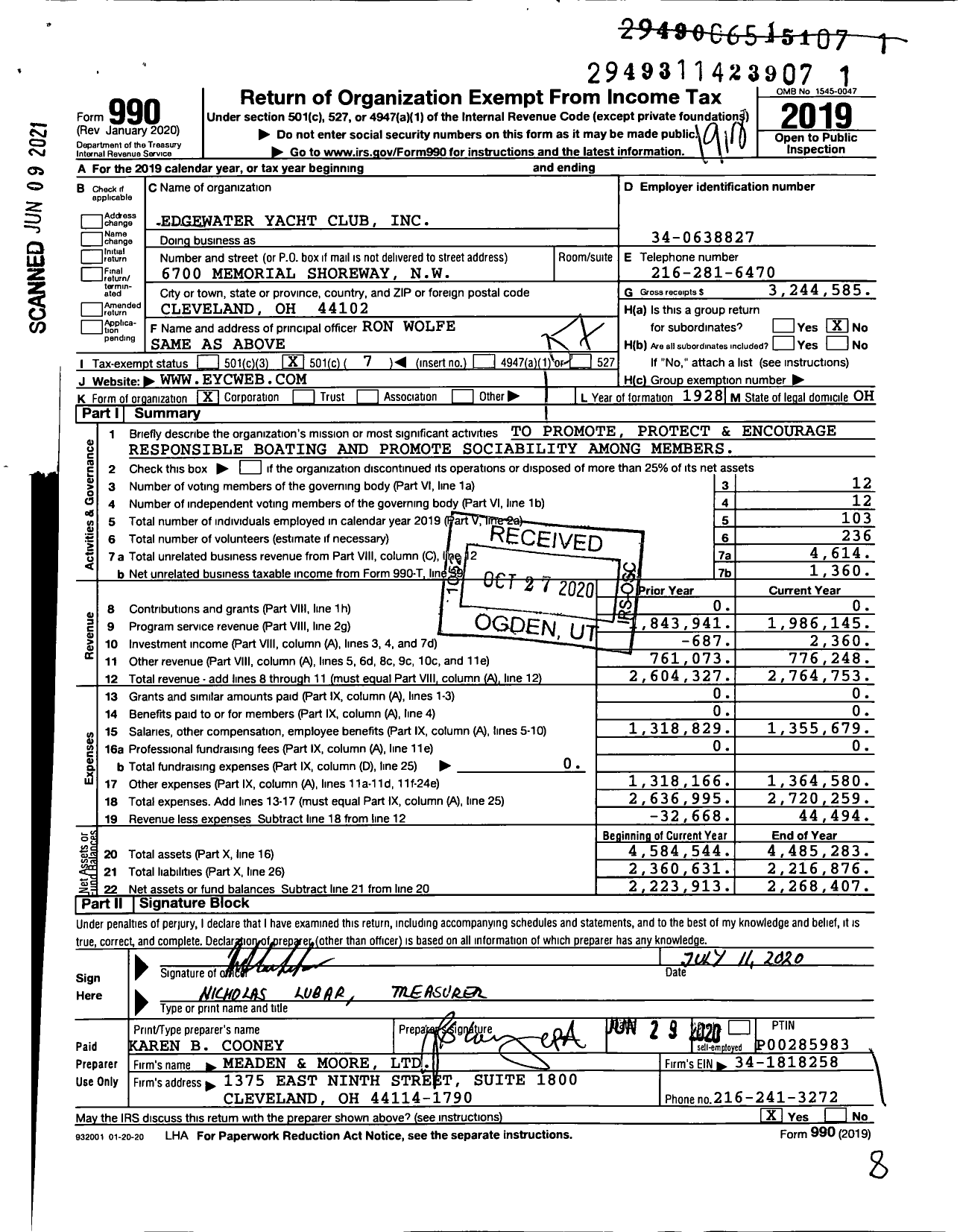 Image of first page of 2019 Form 990O for Edgewater Yacht Club