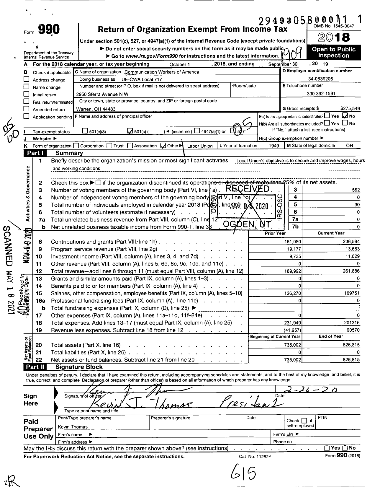 Image of first page of 2018 Form 990O for Communications Workers of America - 84717 Local