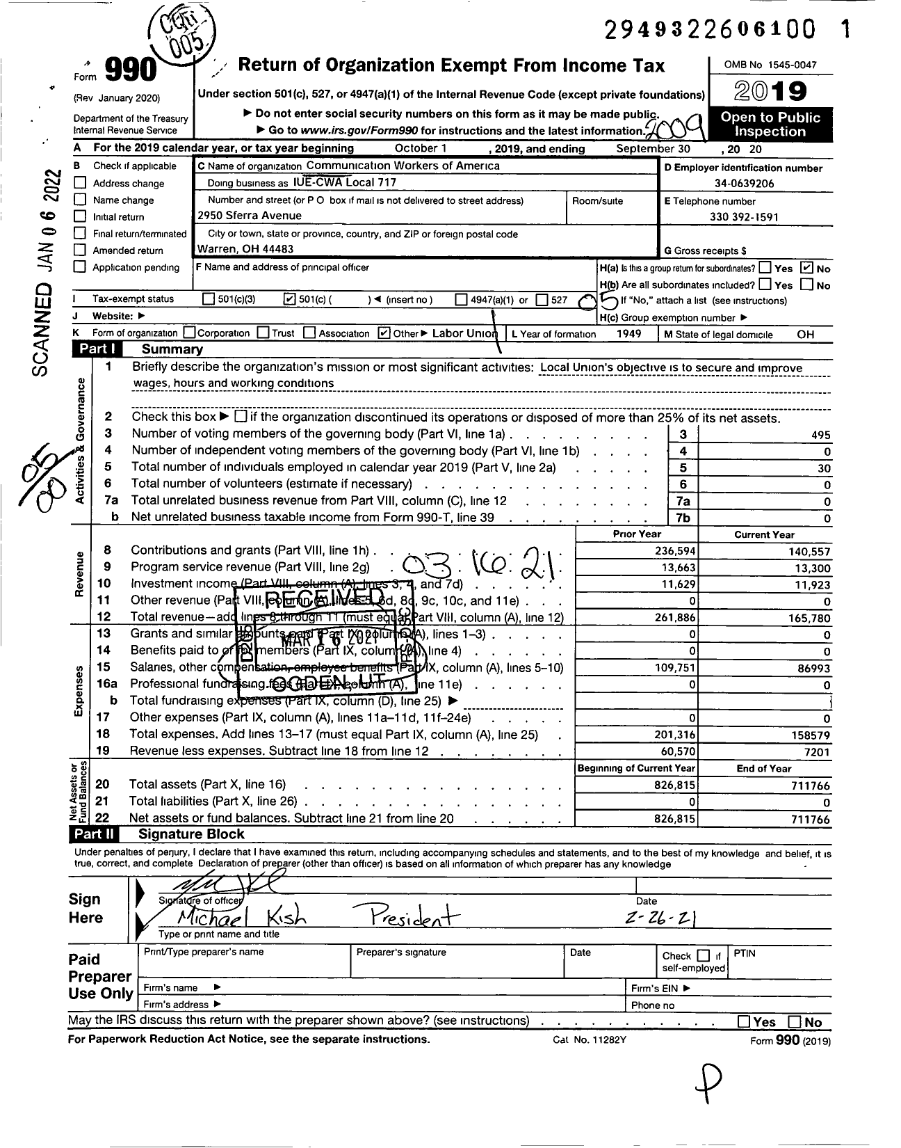 Image of first page of 2019 Form 990O for Communications Workers of America - 84717 Local