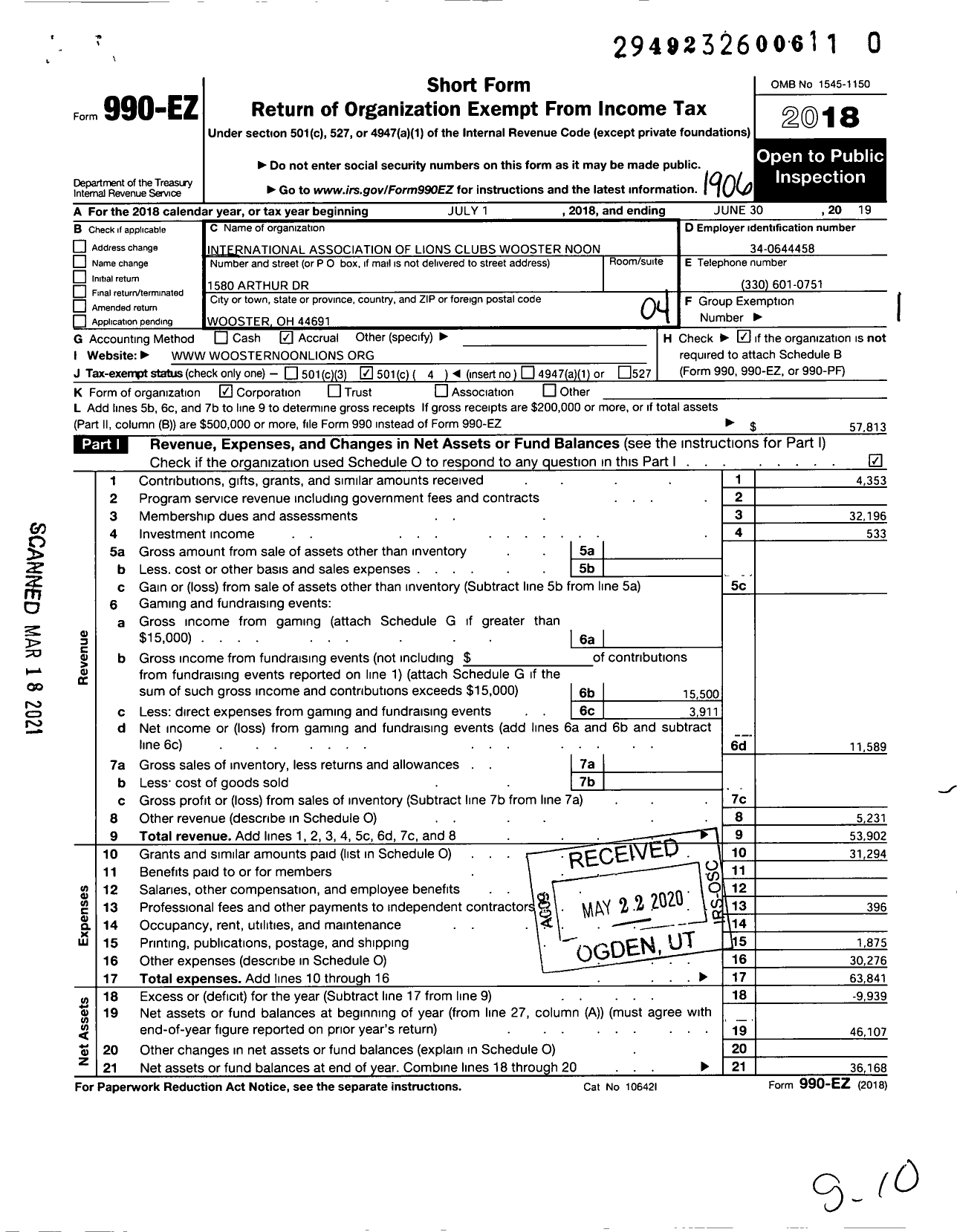 Image of first page of 2018 Form 990EO for Lions Clubs - 5500 Wooster Noon