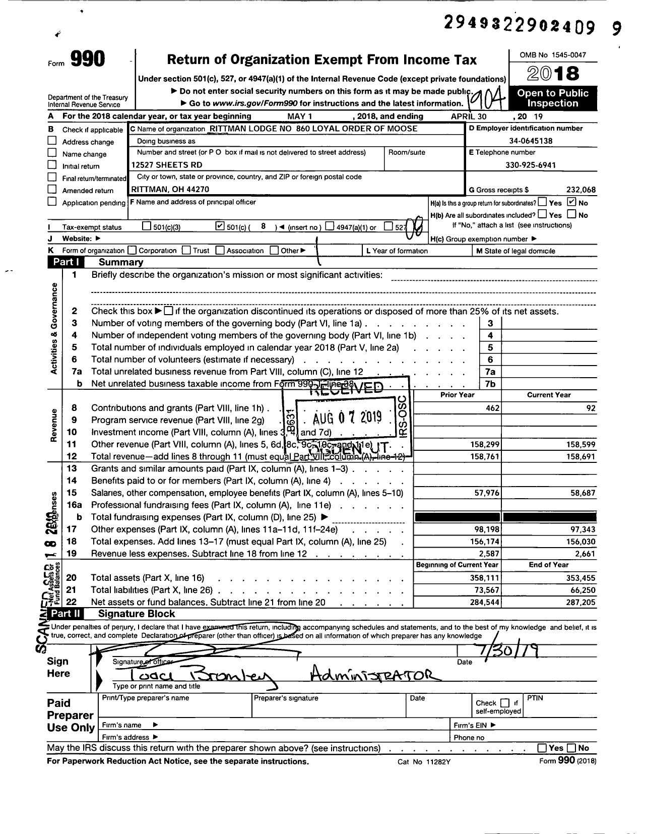Image of first page of 2018 Form 990O for Loyal Order of Moose - 860