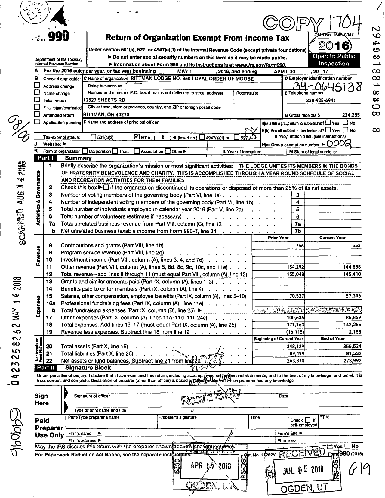 Image of first page of 2016 Form 990O for Loyal Order of Moose - 860