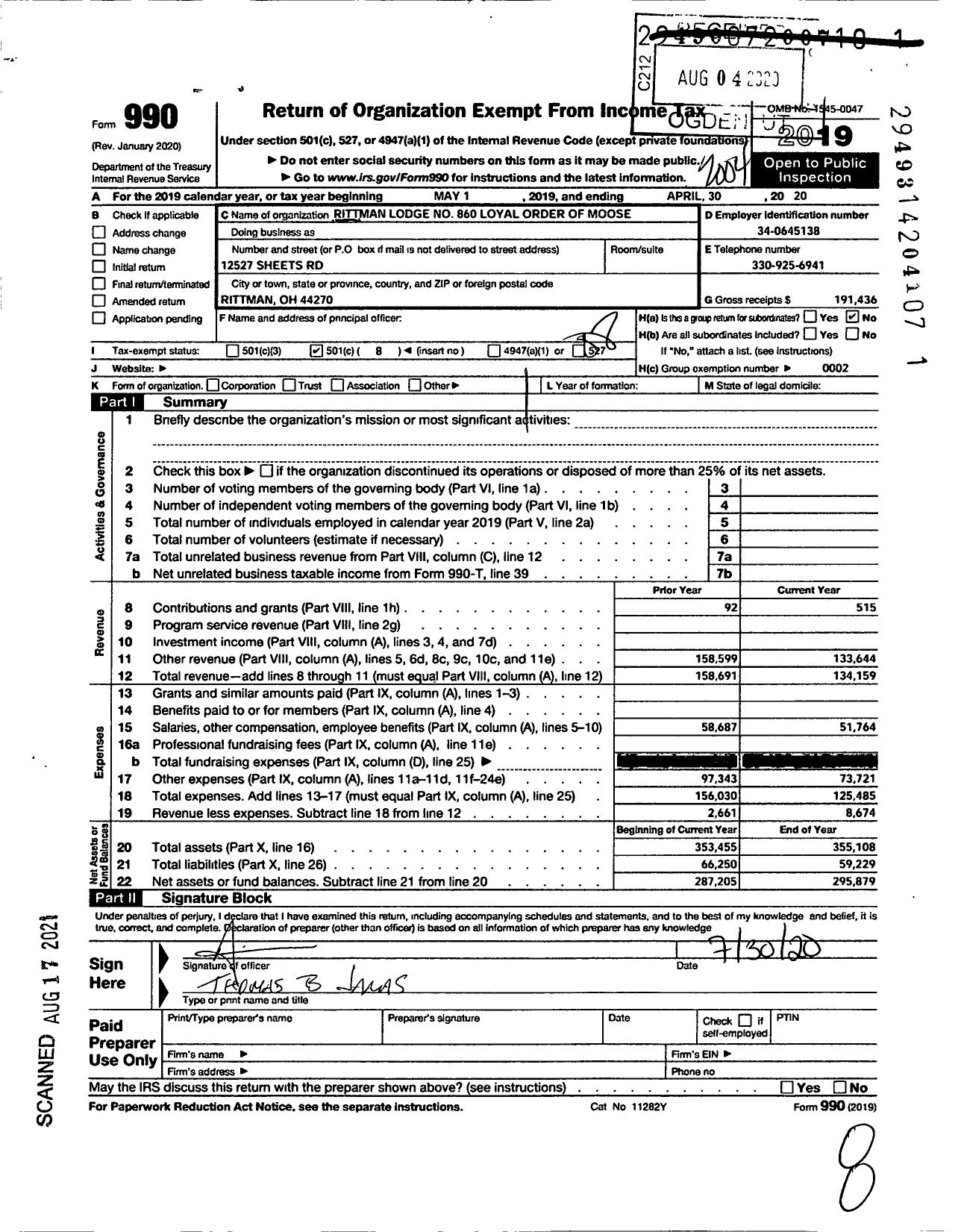 Image of first page of 2019 Form 990O for Loyal Order of Moose - 860
