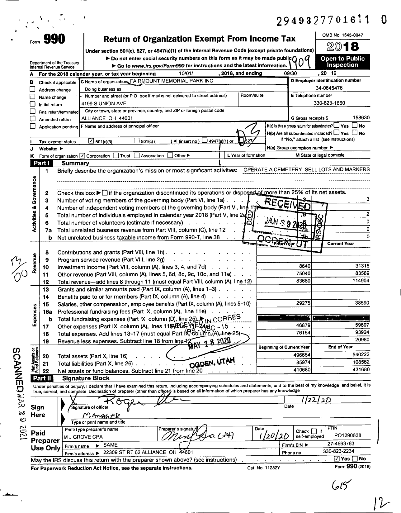 Image of first page of 2018 Form 990O for Fairmount Memorial Park