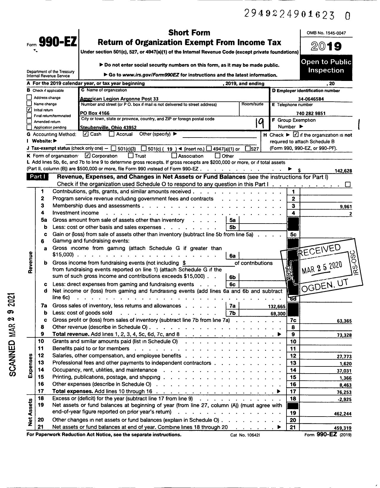 Image of first page of 2019 Form 990EO for American Legion Auxiliary - American Legion Post 33