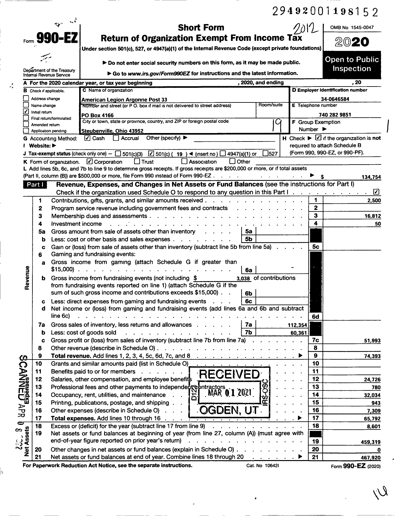 Image of first page of 2020 Form 990EO for American Legion Auxiliary - American Legion Post 33