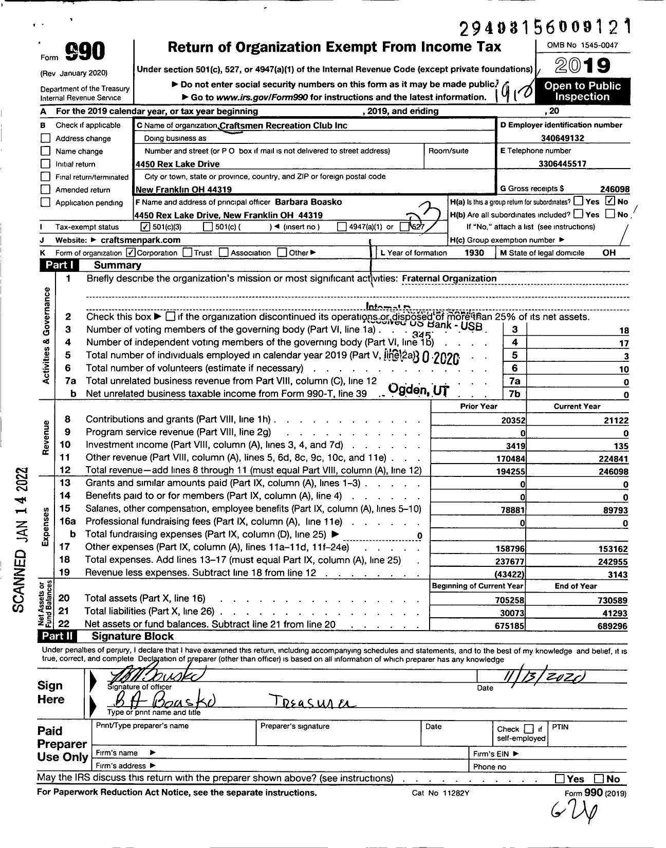 Image of first page of 2019 Form 990 for Craftsmen Recreation Club