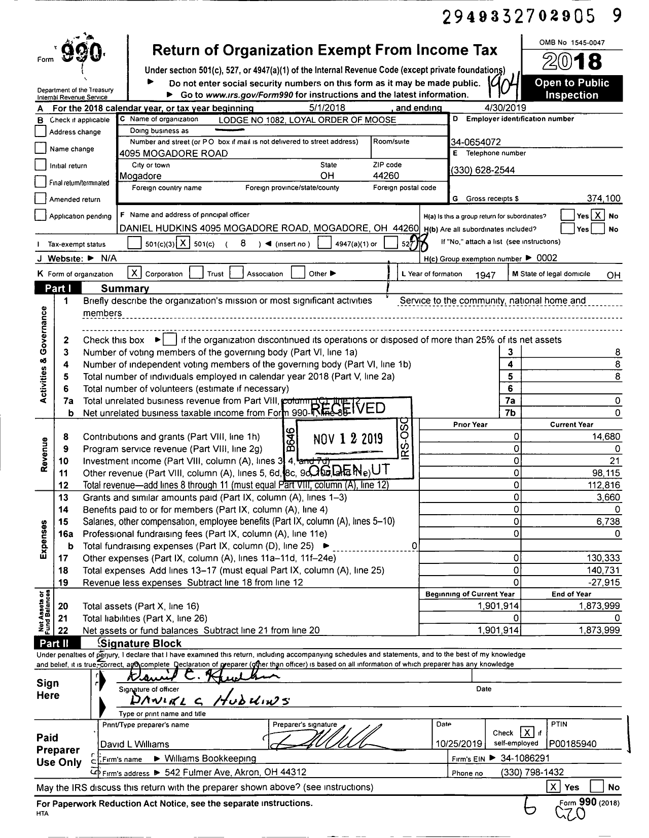 Image of first page of 2018 Form 990O for Loyal Order of Moose - 1082