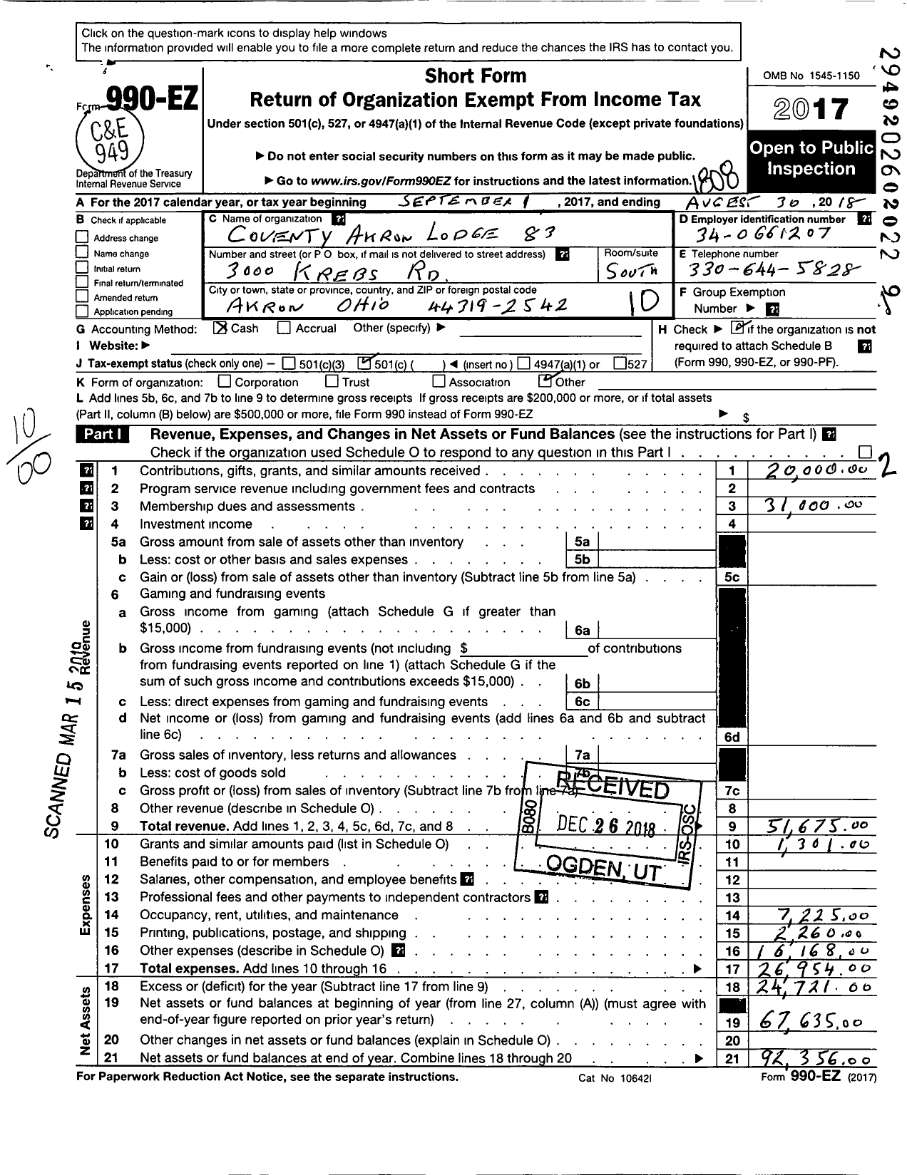 Image of first page of 2017 Form 990EO for Free & Accepted Masons of Ohio - 83 Coventry-Akron