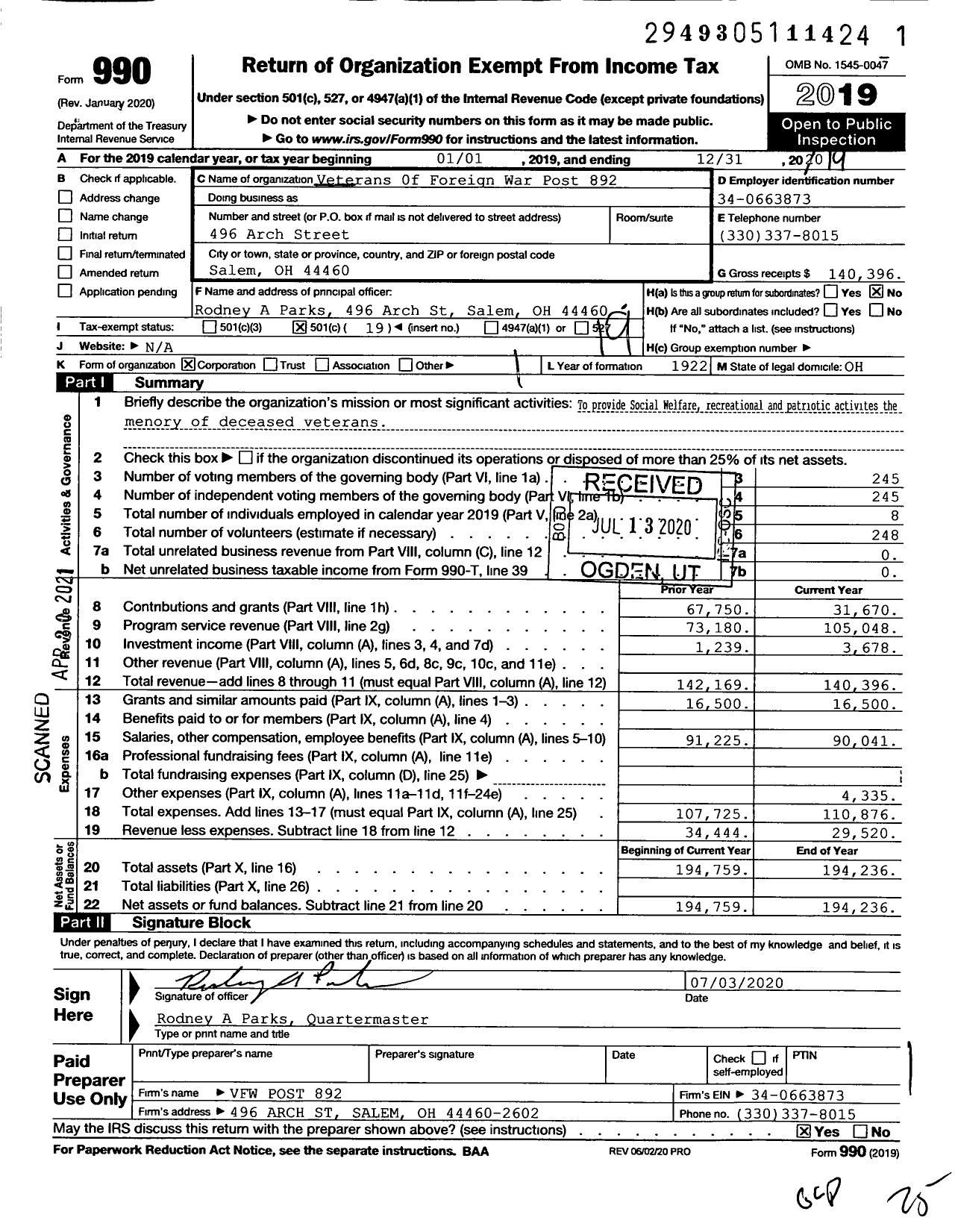 Image of first page of 2019 Form 990O for Ohio VFW - Veterans Of Foreign War Post 892