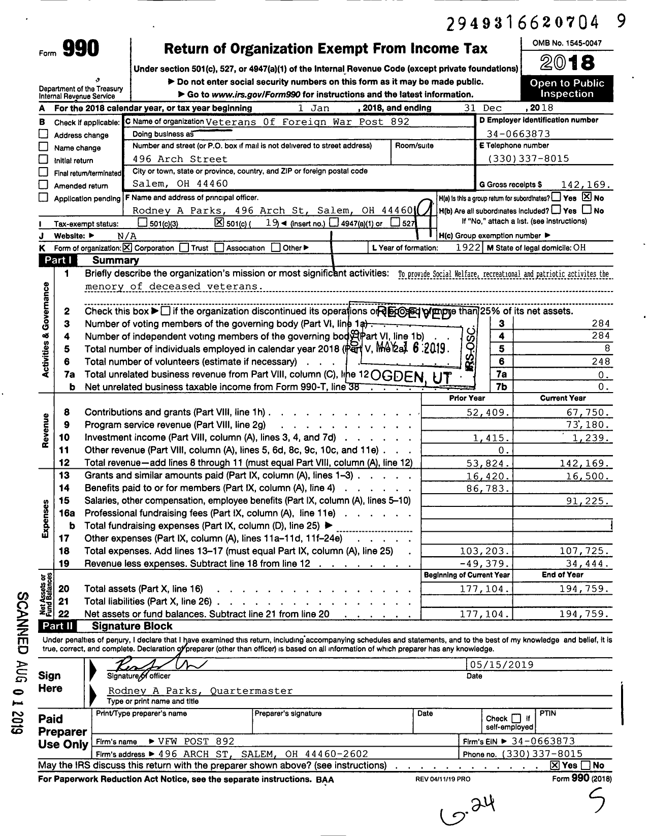 Image of first page of 2018 Form 990O for Ohio VFW - Veterans Of Foreign War Post 892