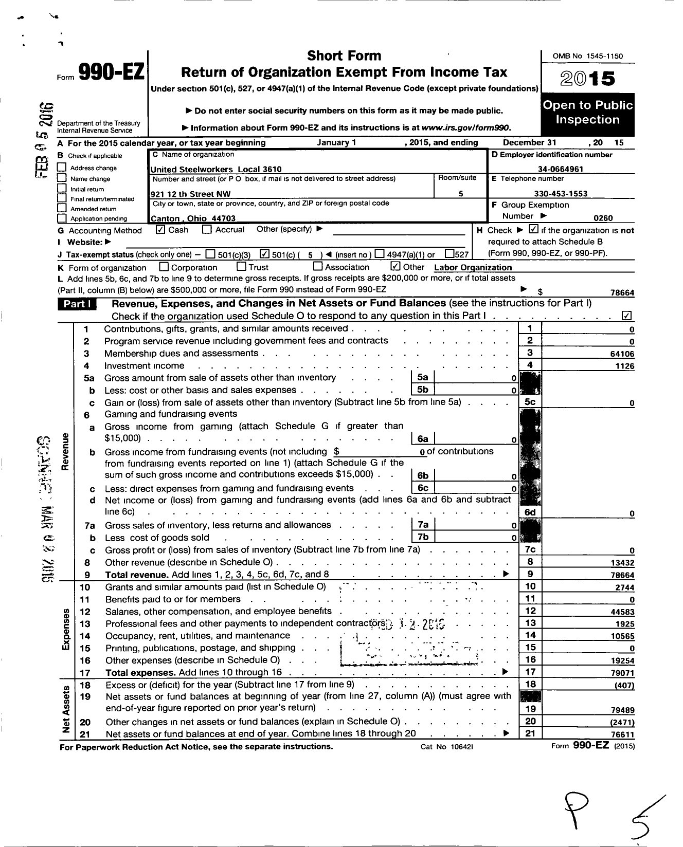 Image of first page of 2015 Form 990EO for United Steelworkers - 0361o Local