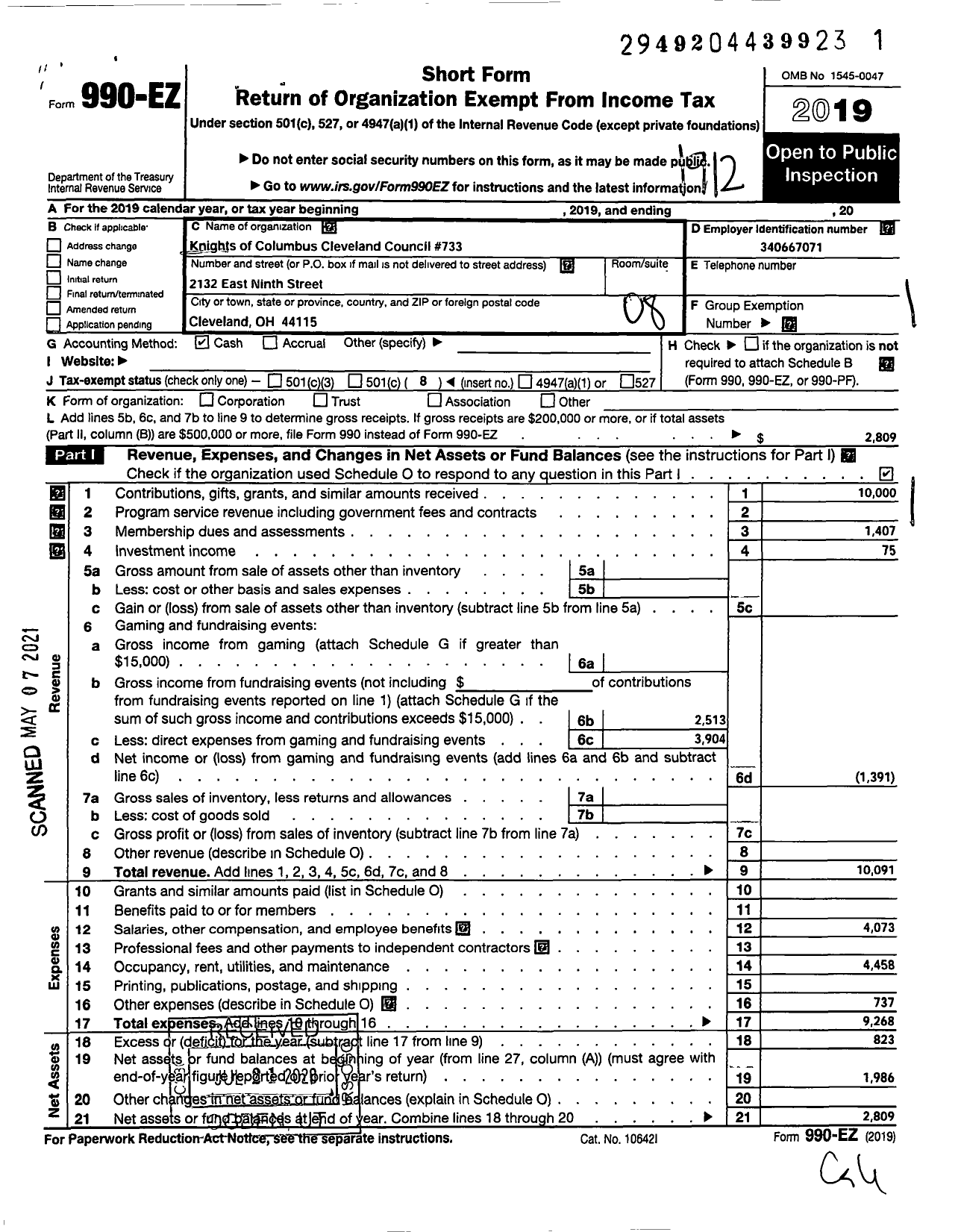 Image of first page of 2019 Form 990EO for Knights of Columbus Cleveland Council 733