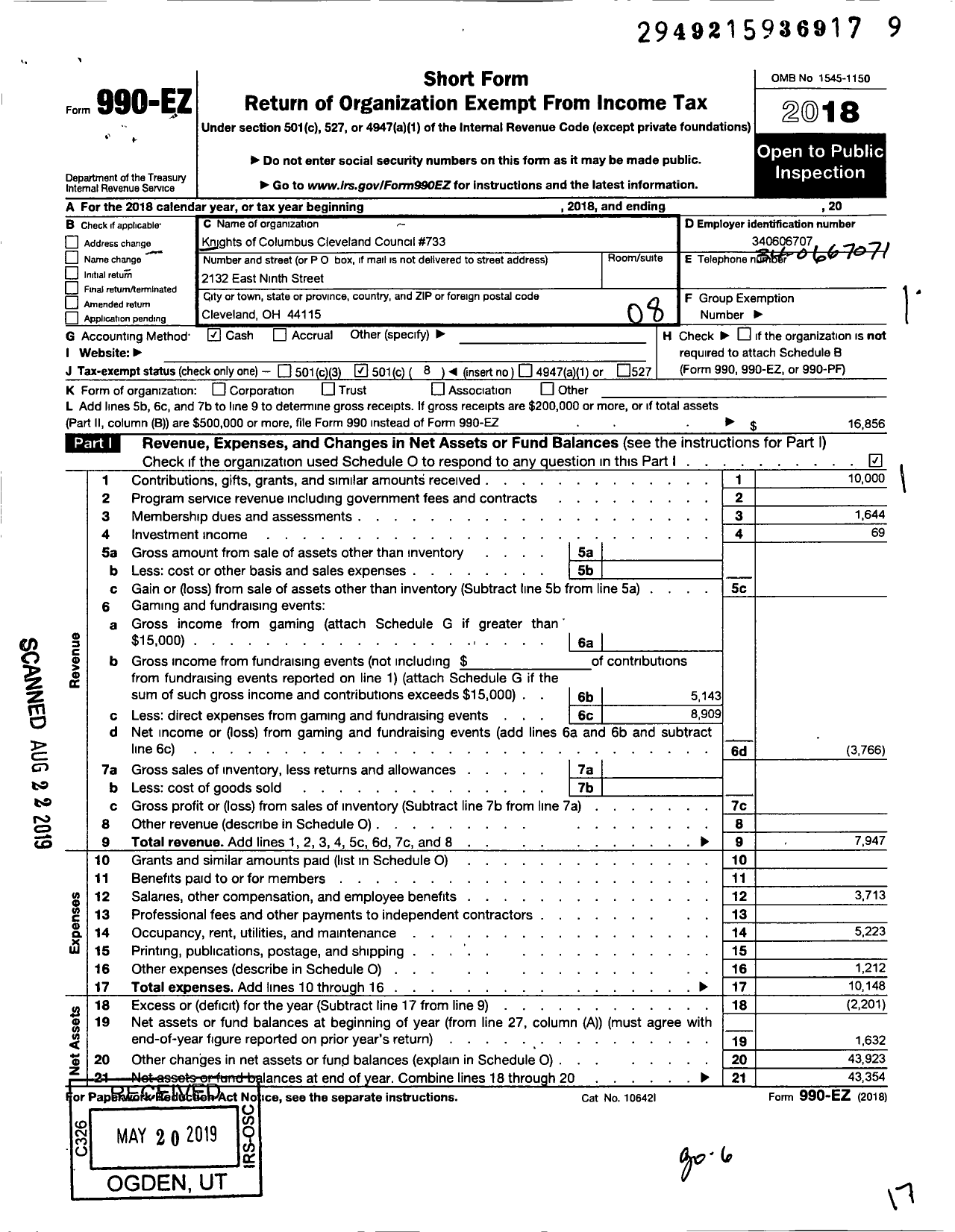 Image of first page of 2018 Form 990EO for Knights of Columbus Cleveland Council 733