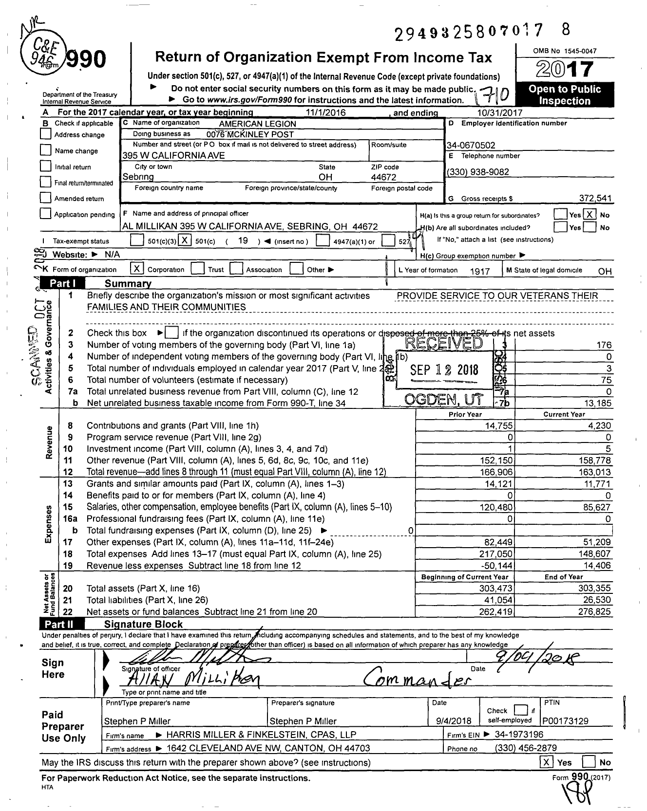 Image of first page of 2016 Form 990O for American Legion - 0076 Mckinley Post