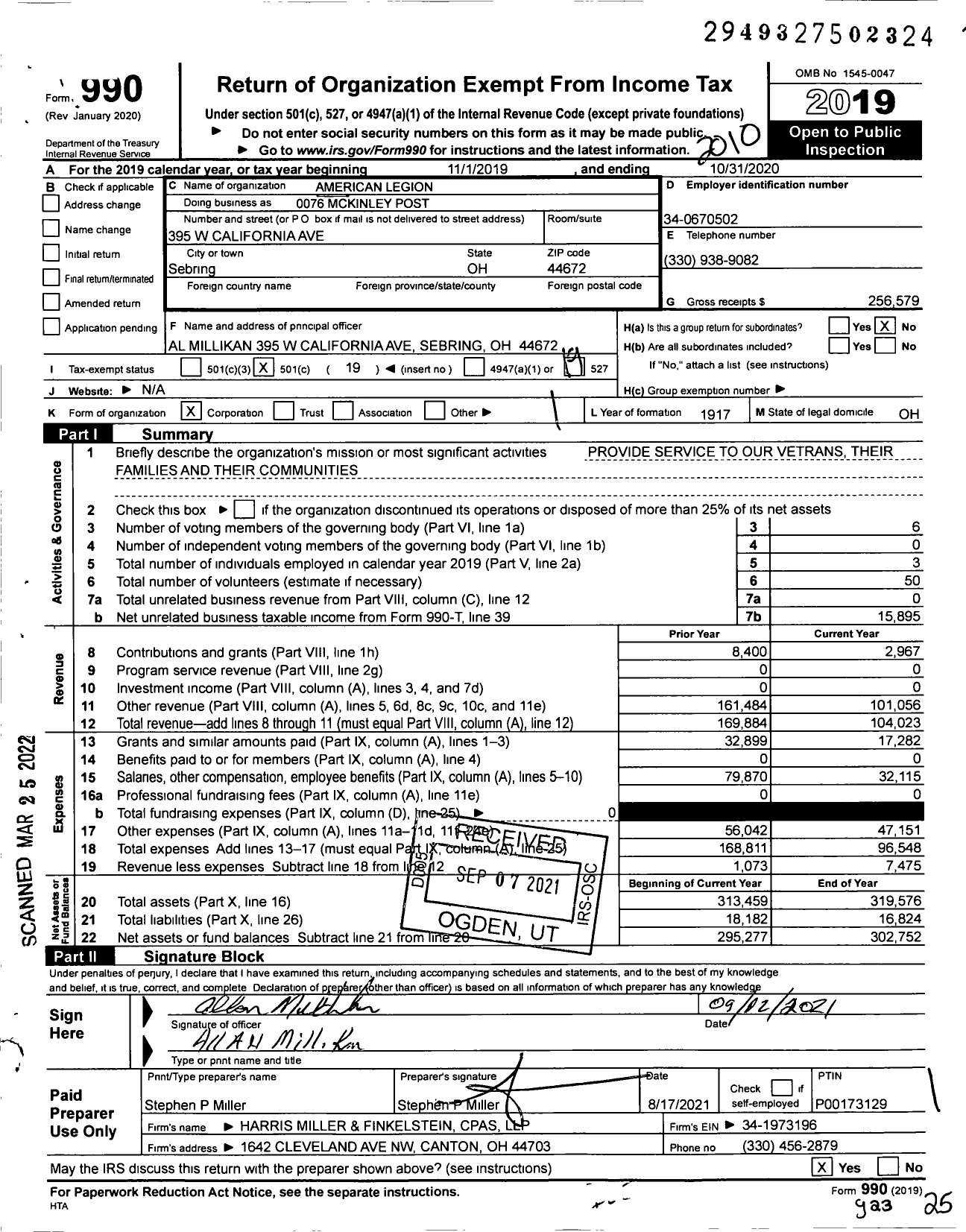 Image of first page of 2019 Form 990O for American Legion - 0076 Mckinley Post