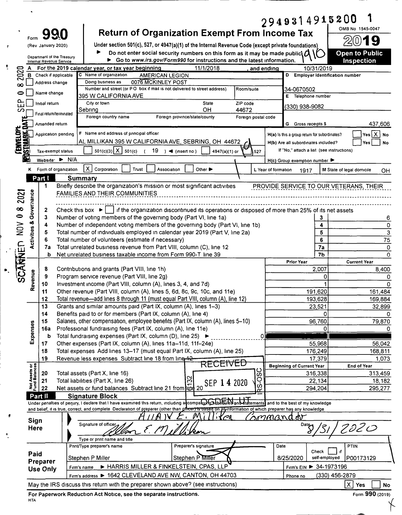 Image of first page of 2018 Form 990O for American Legion - 0076 Mckinley Post