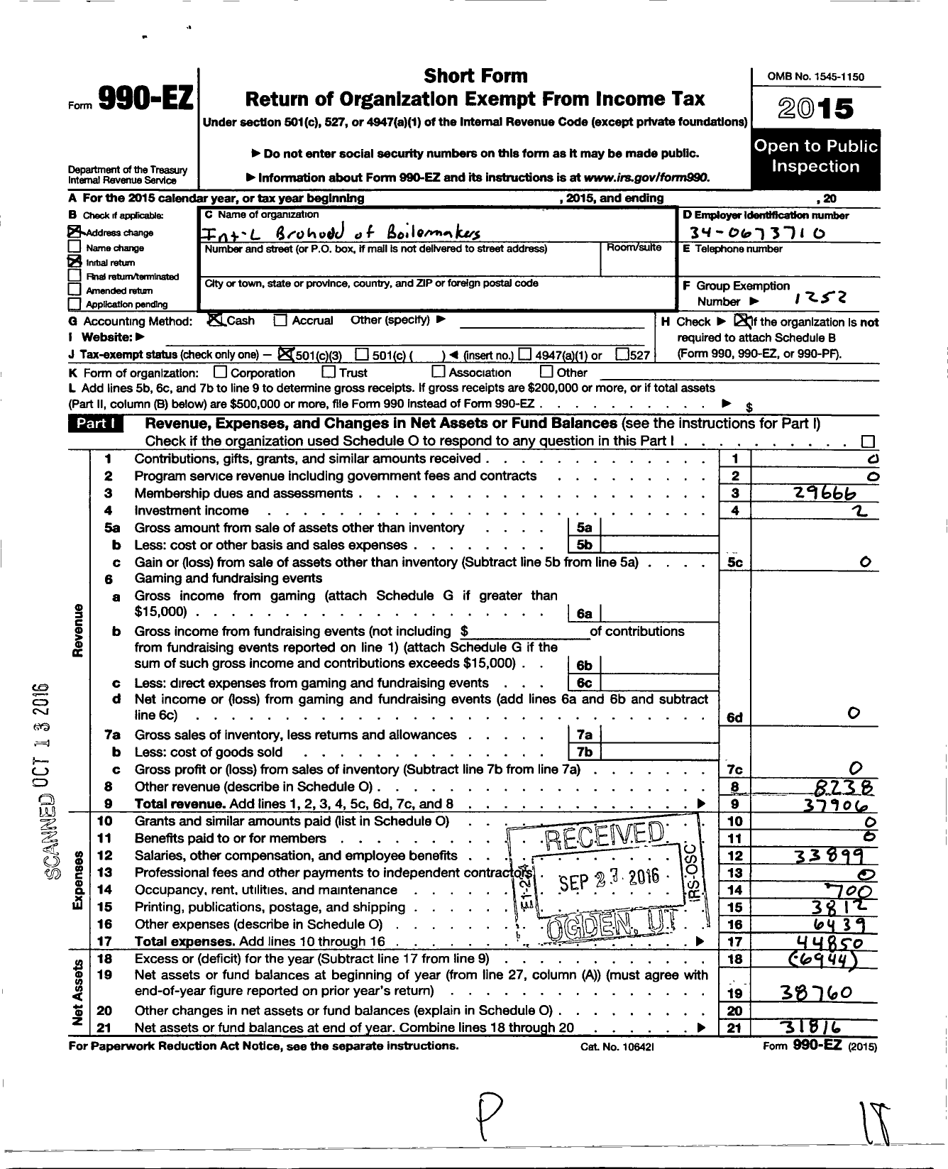 Image of first page of 2015 Form 990EZ for International Brotherhood of Boilermakers - 1073 Local