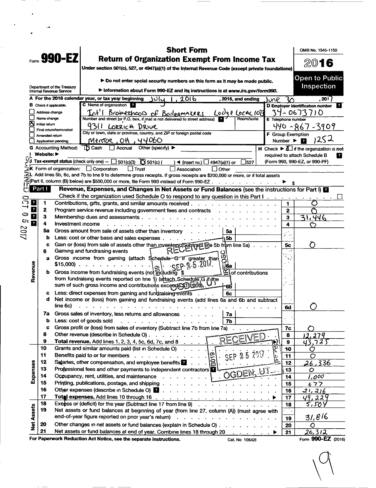 Image of first page of 2016 Form 990EO for International Brotherhood of Boilermakers - 1073 Local