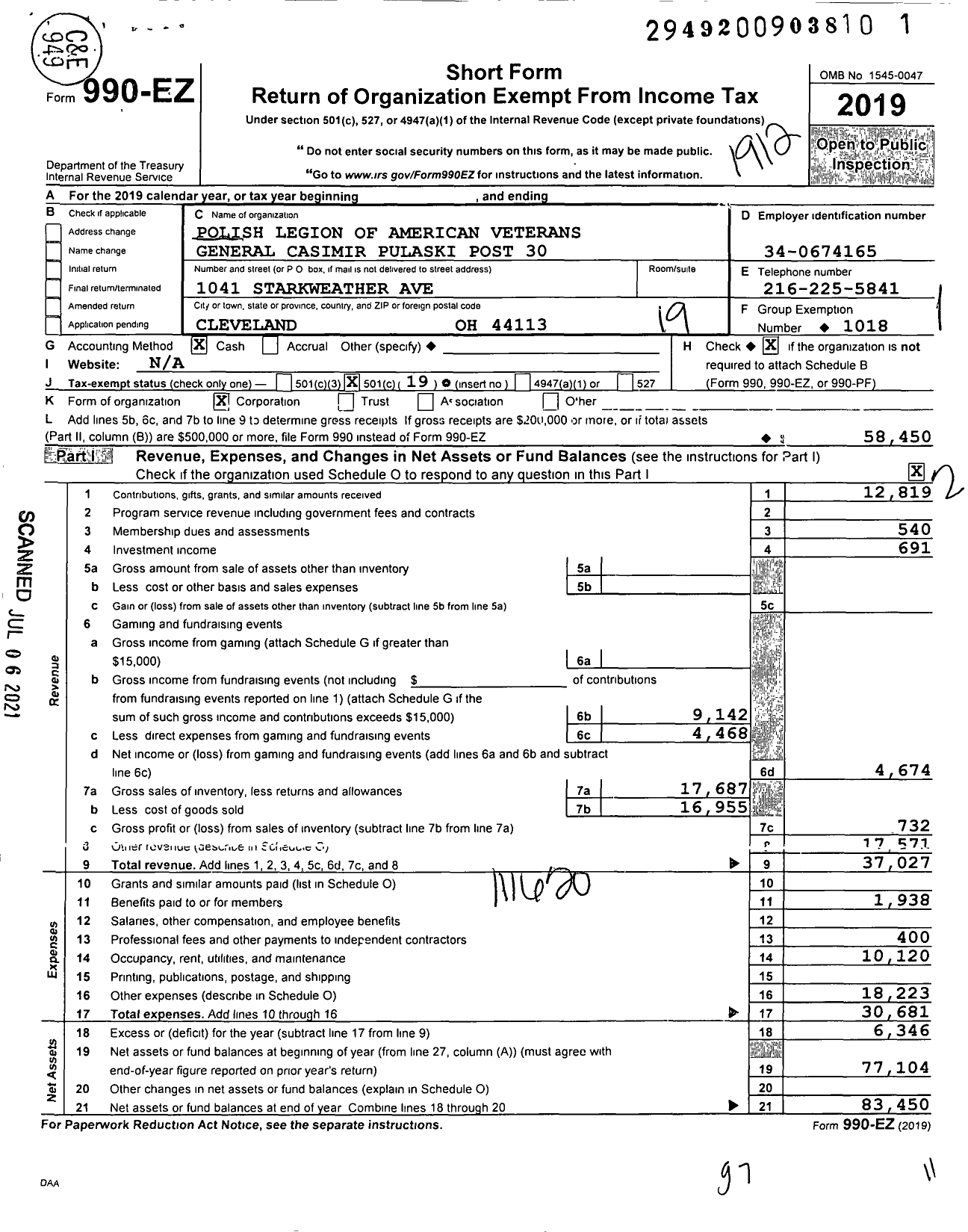 Image of first page of 2019 Form 990EO for Polish Legion of American Veterans USA - 30 Post General Kasimierz Pulaski