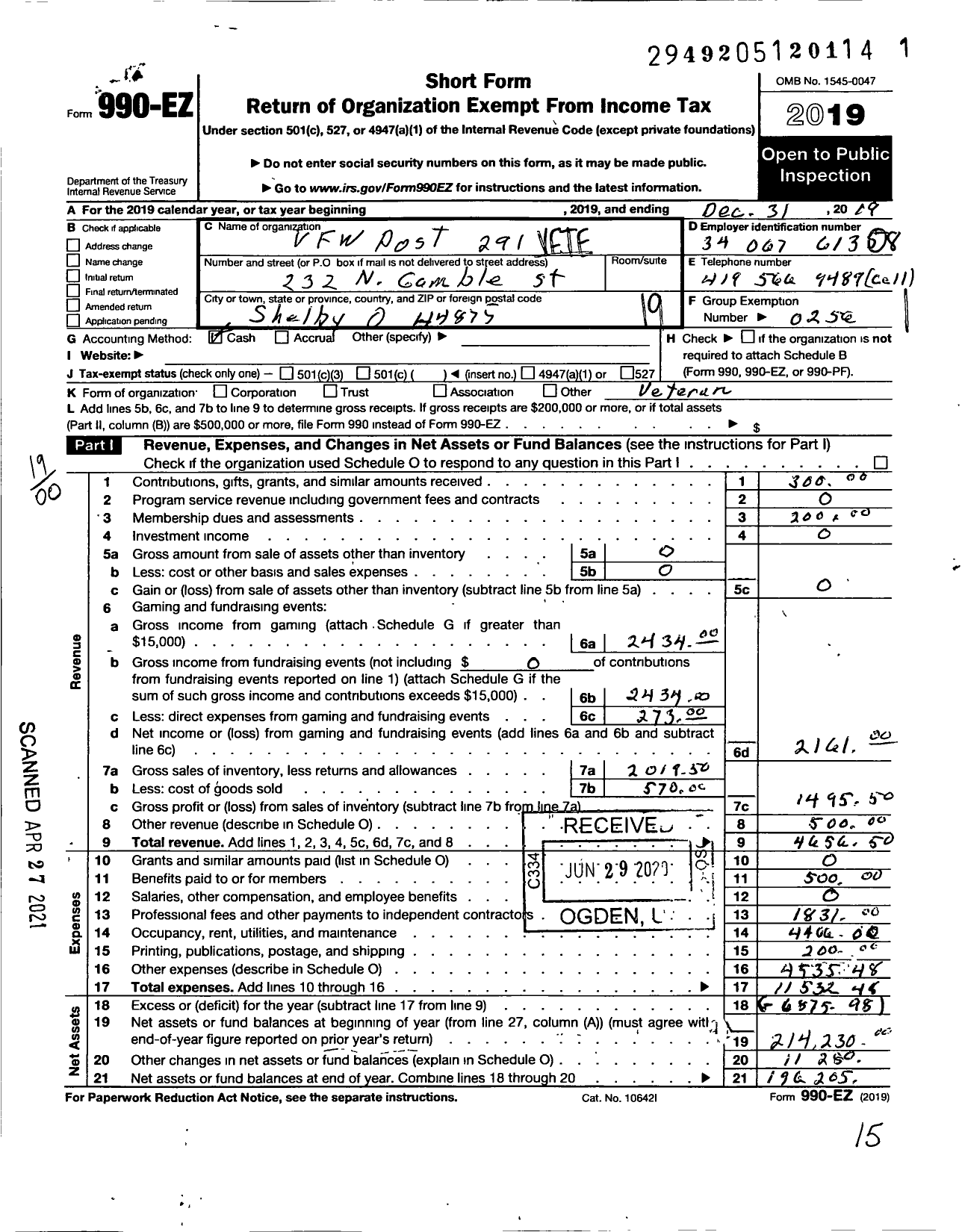 Image of first page of 2019 Form 990EO for OHIO VFW - VFW Post 291