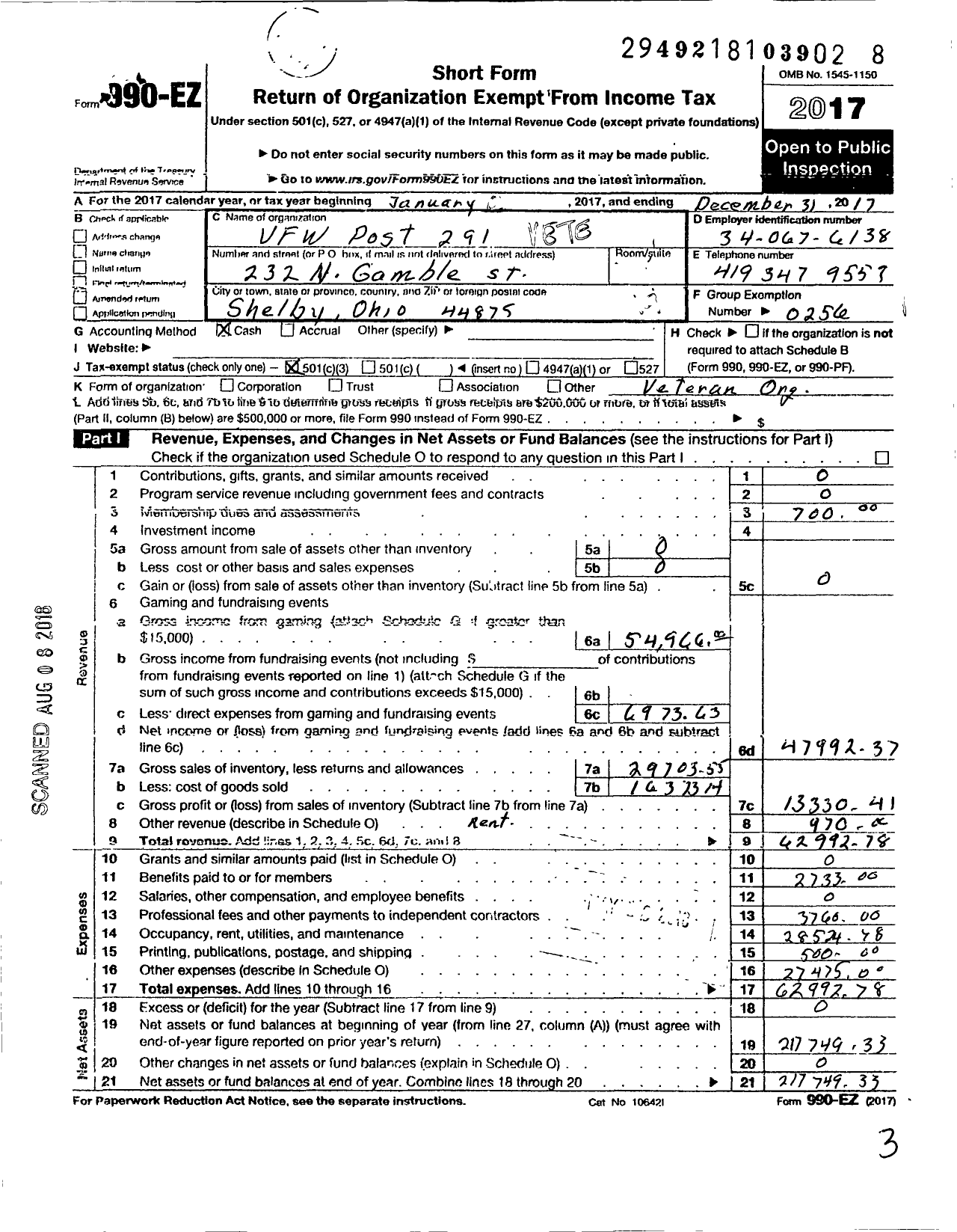 Image of first page of 2017 Form 990EO for OHIO VFW - VFW Post 291