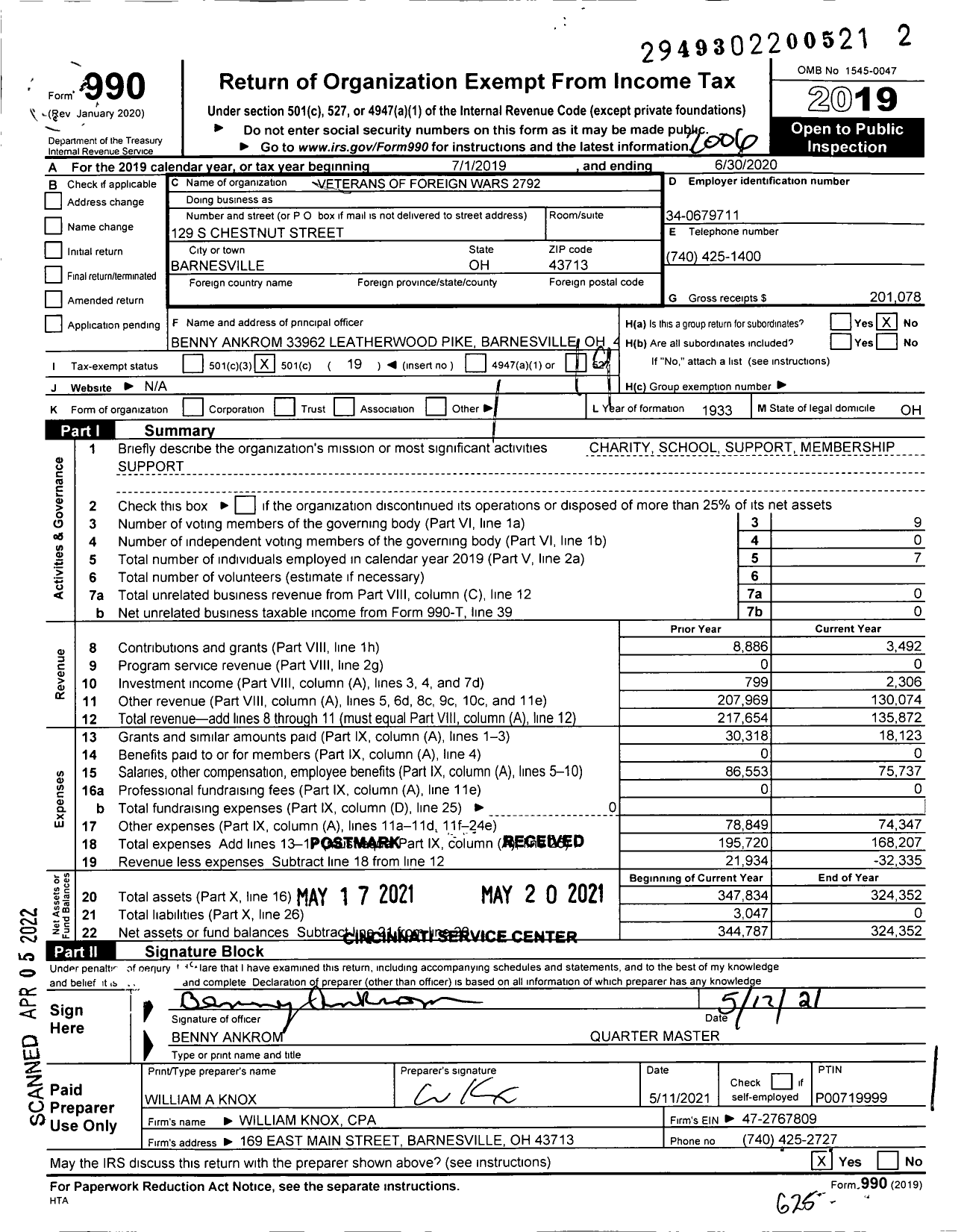 Image of first page of 2019 Form 990O for Ohio VFW - Veterans of Foreign Wars 2792