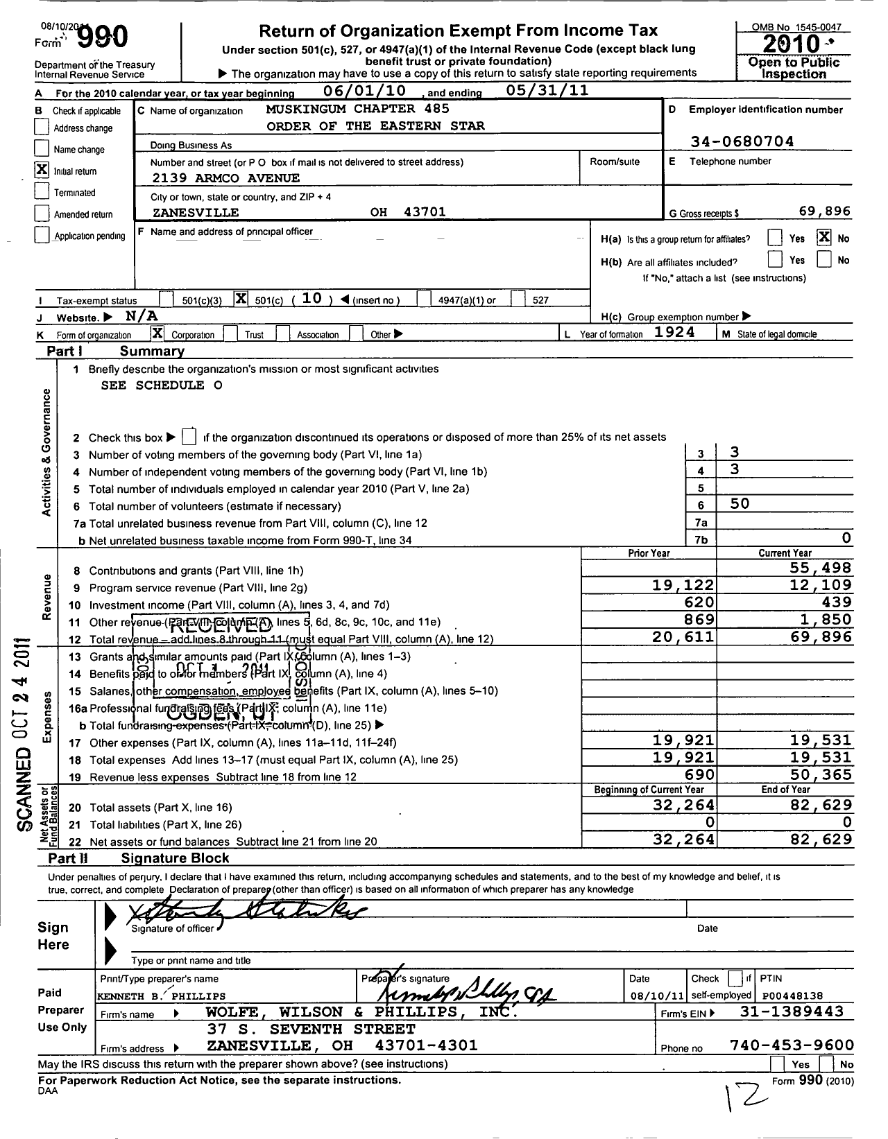 Image of first page of 2010 Form 990O for Order of the Eastern Star of Ohio - 485 Muskingum Chapter