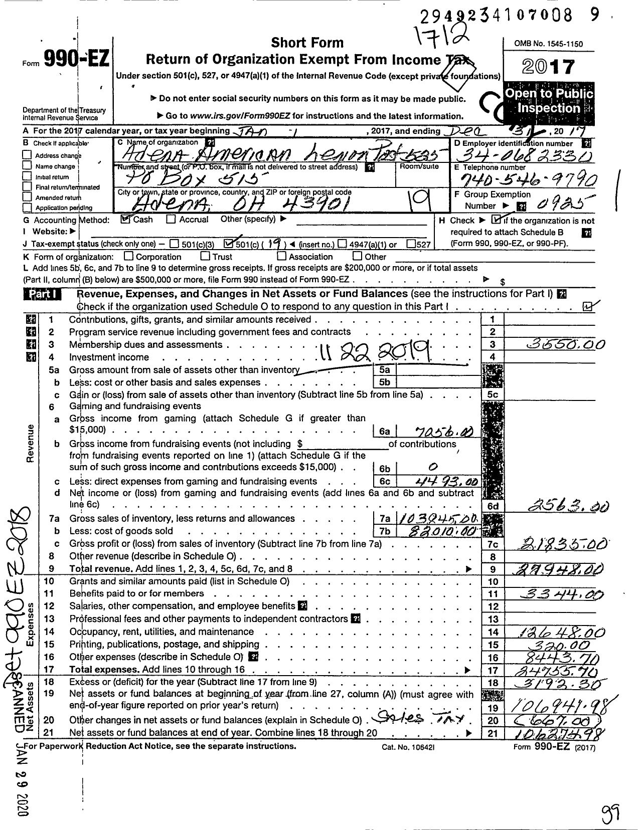 Image of first page of 2017 Form 990EO for American Legion - 525 Gilbert Koontz