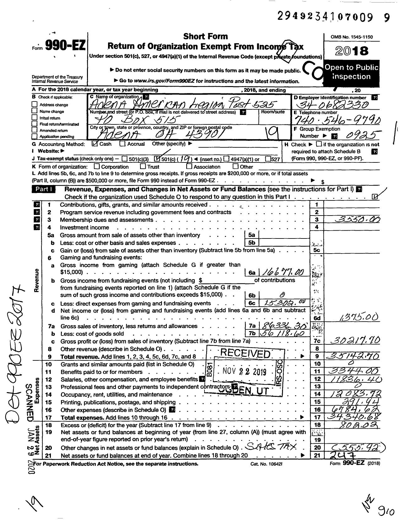 Image of first page of 2018 Form 990EO for American Legion - 525 Gilbert Koontz