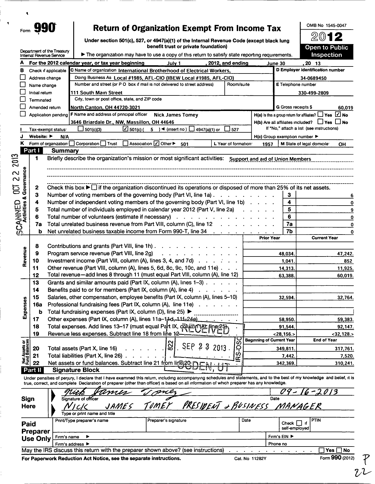 Image of first page of 2012 Form 990O for International Brotherhood of Electrical Workers