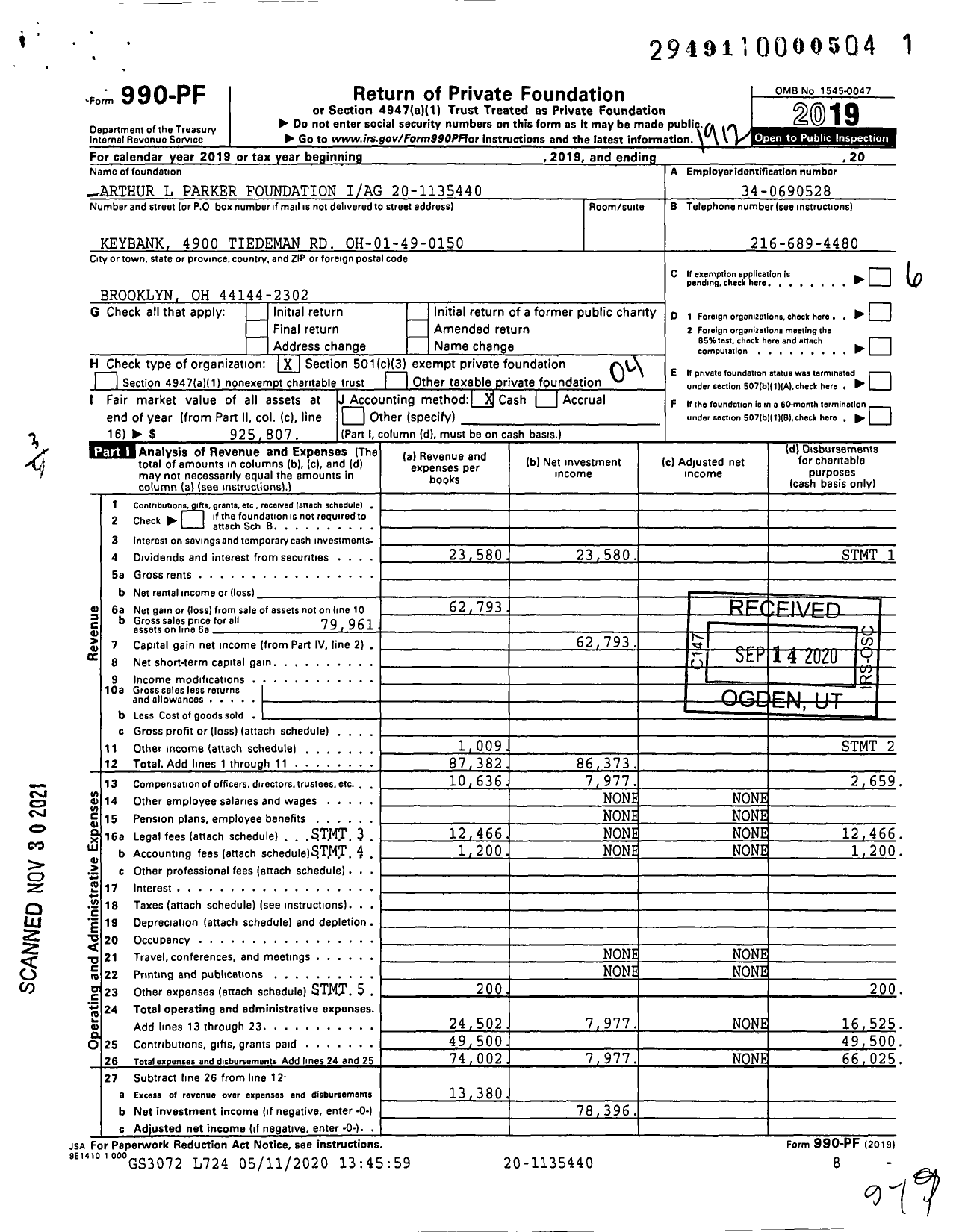 Image of first page of 2019 Form 990PF for Arthur L Parker Foundation Iag