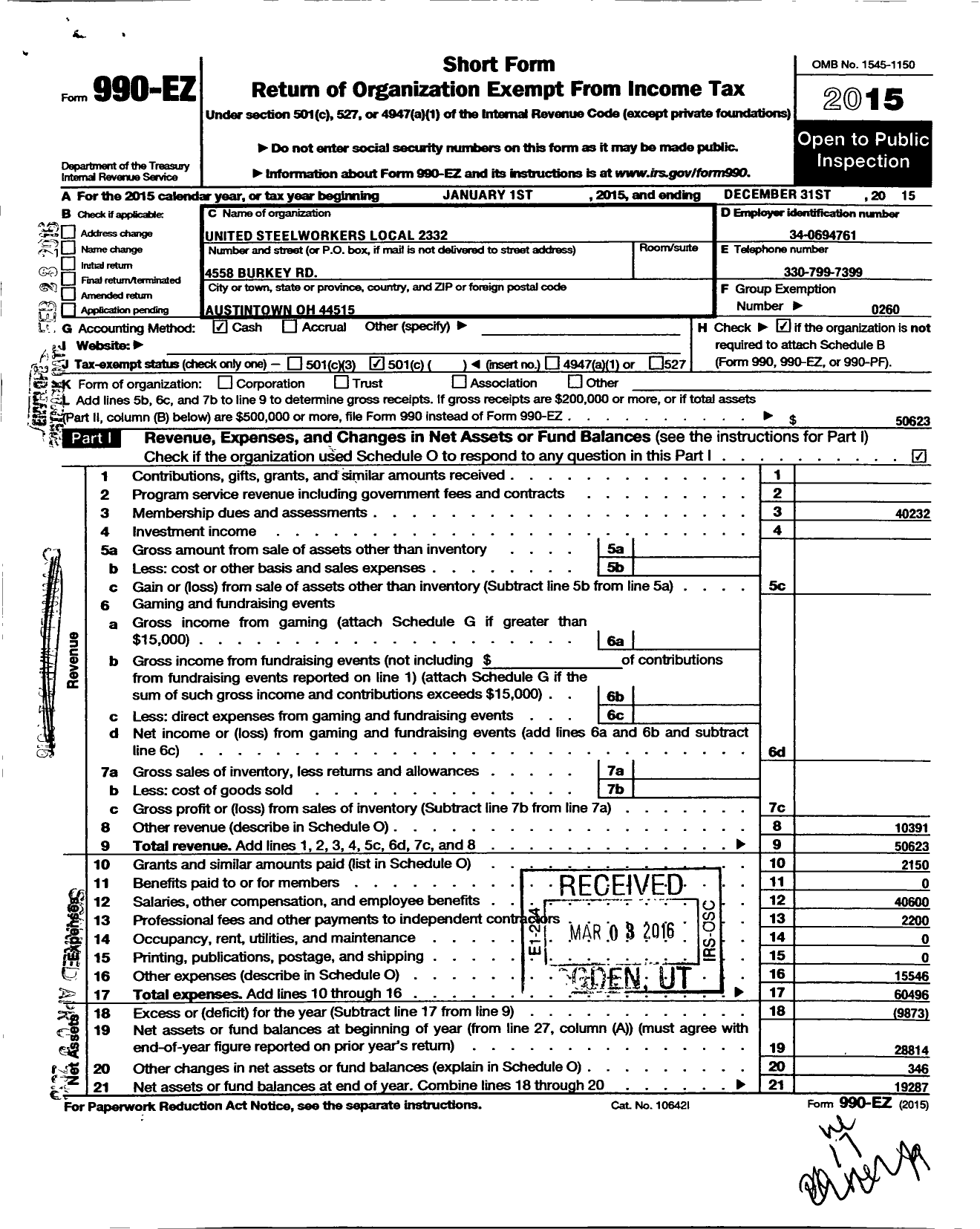 Image of first page of 2015 Form 990EO for United Steelworkers - 02332 Local