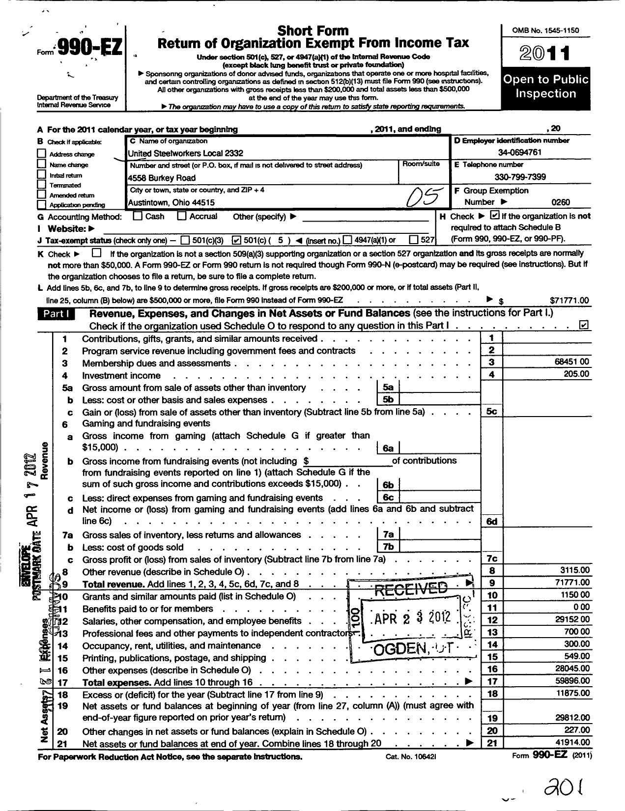 Image of first page of 2011 Form 990EO for United Steelworkers - 02332 Local