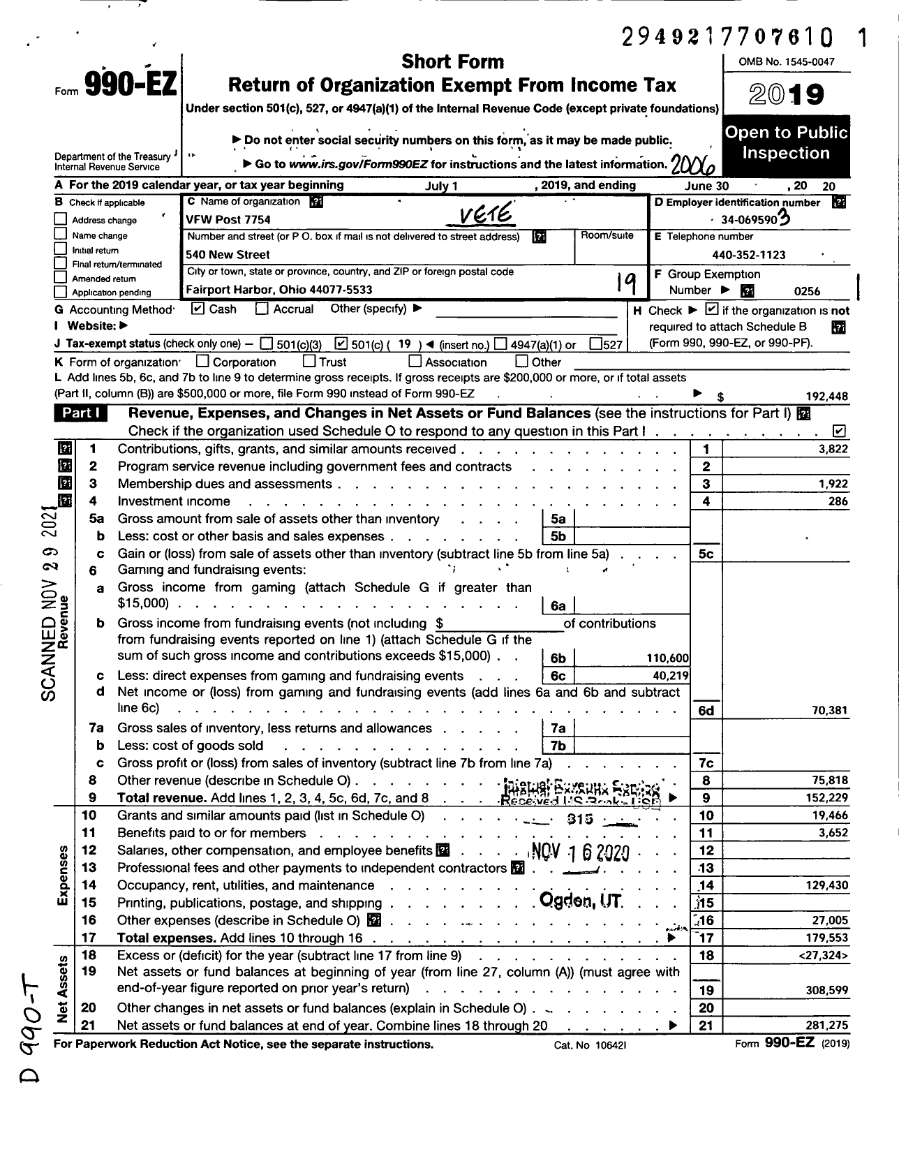 Image of first page of 2019 Form 990EO for Ohio VFW - VFW Post 7754