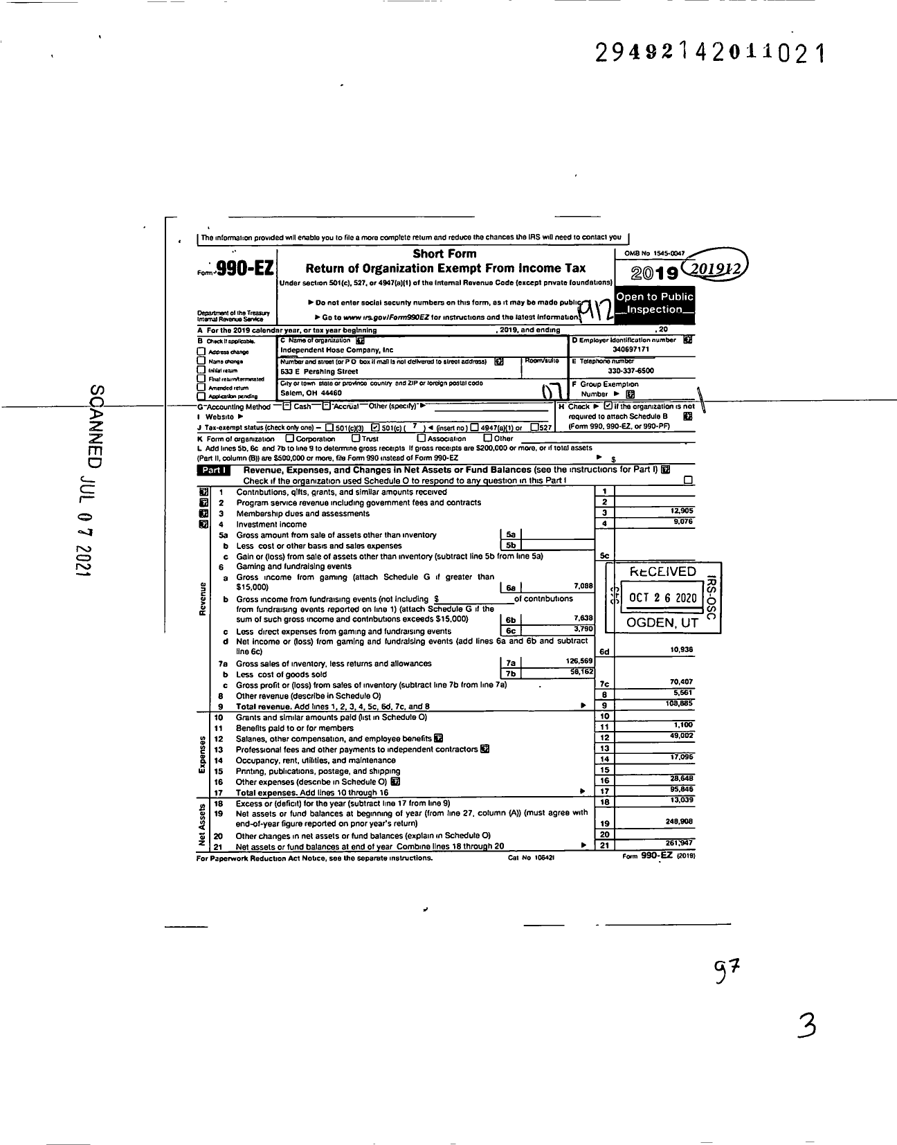 Image of first page of 2019 Form 990EO for Independent Hose Company