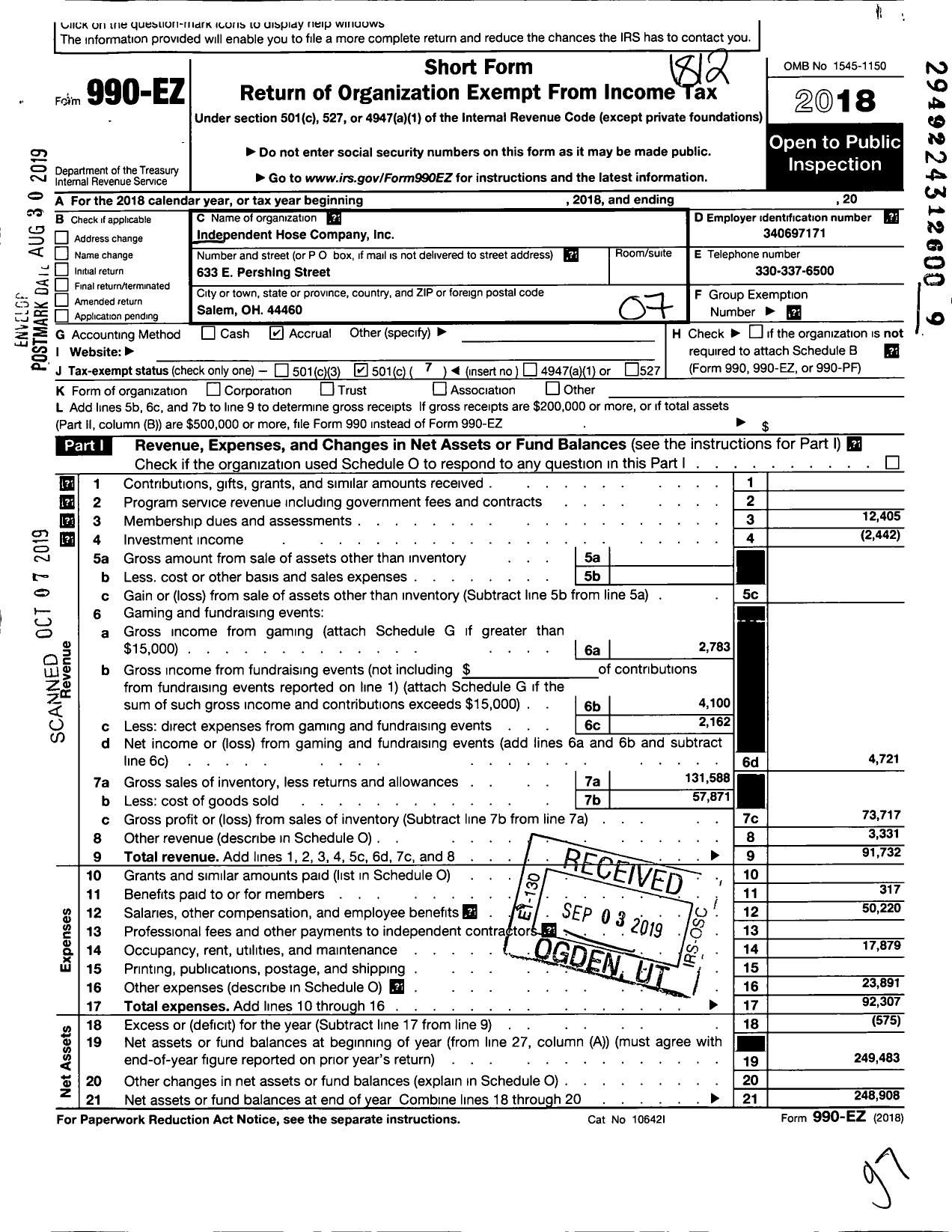 Image of first page of 2018 Form 990EO for Independent Hose Company